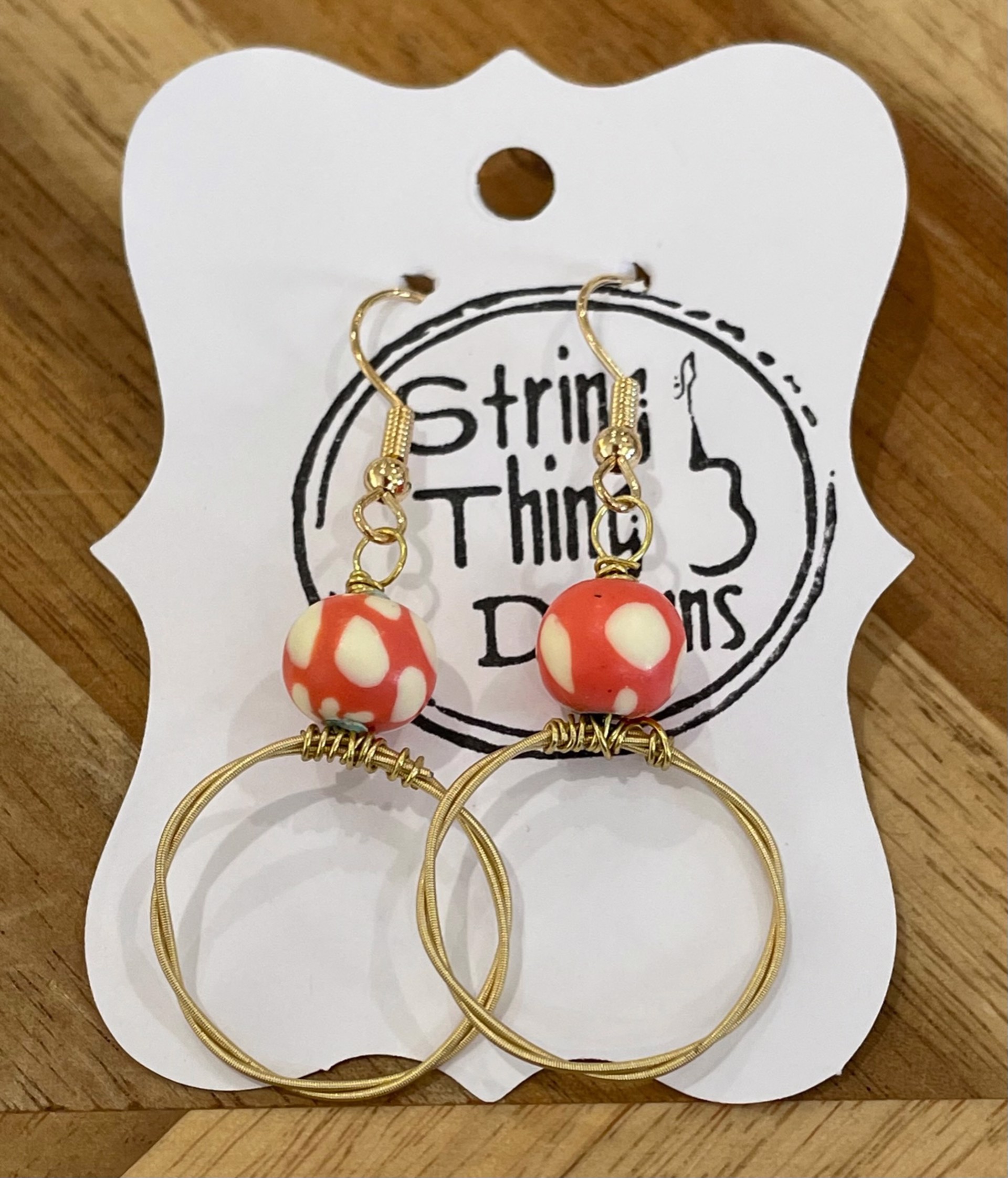 Red and White Guiltar String Earrings by String Thing Designs