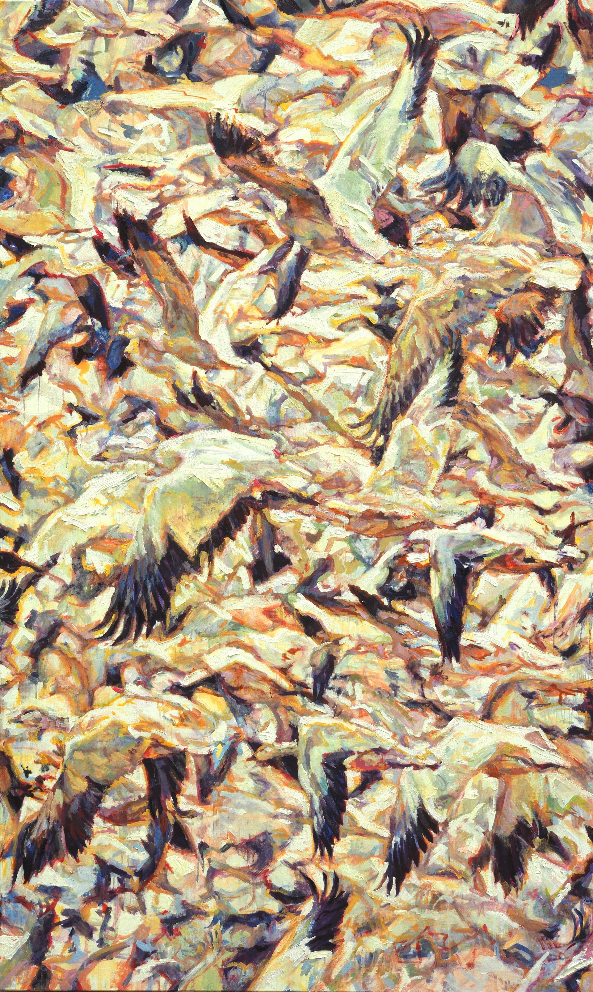 A Contemporary Triptych Oil Painting Of A Large Flock Of Snow Geese Taking Off In Flight, By Patricia Griffin