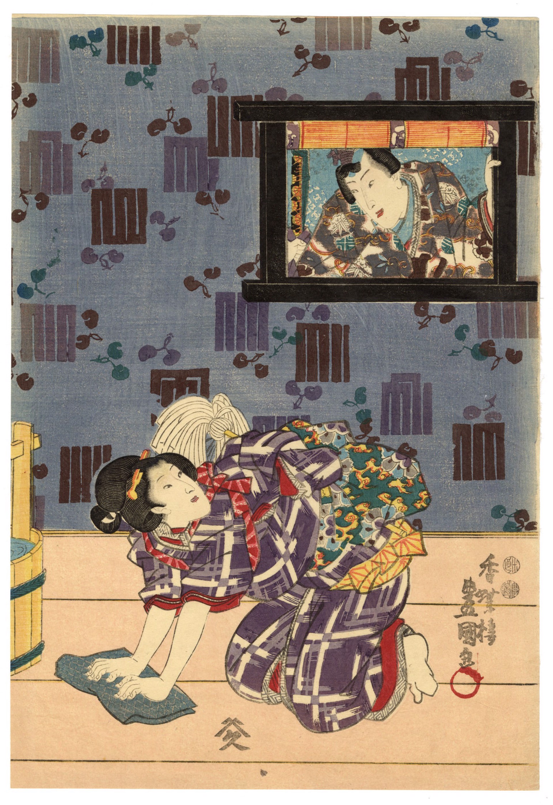 Housecleaning: Genji Peeking Through a Window at Beauties Doing Domestic Chores Genji-e by Kunisada