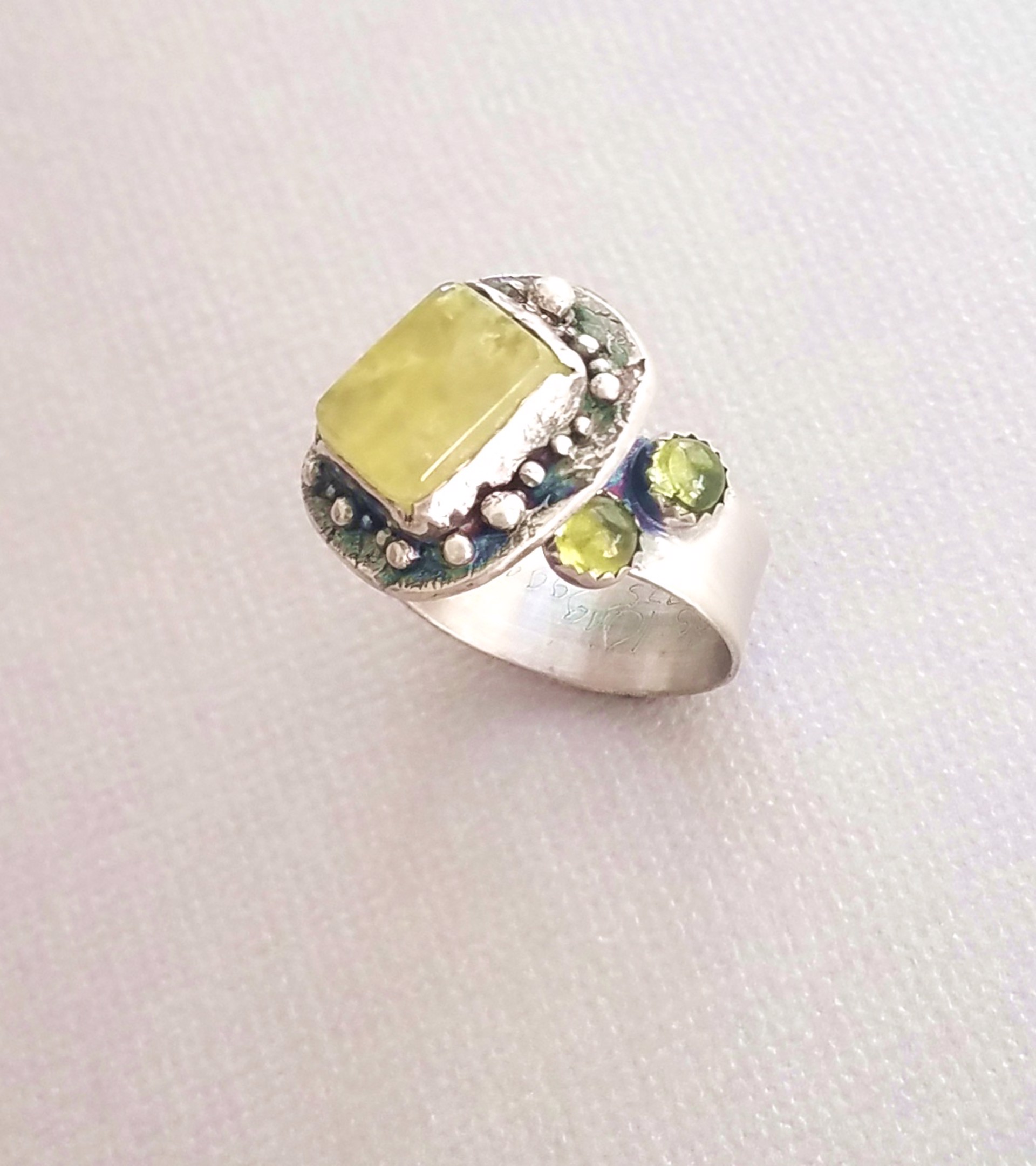 Ring - Phrenite Ring with 2 Peridot - Sterling Silver 2907 by Doris King