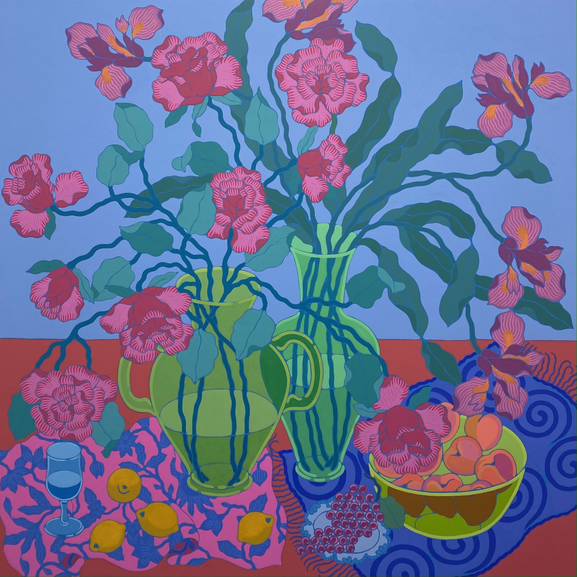 Red Rose Dipping into Neon Green Bowl Full of Peaches by Sarah Ingraham