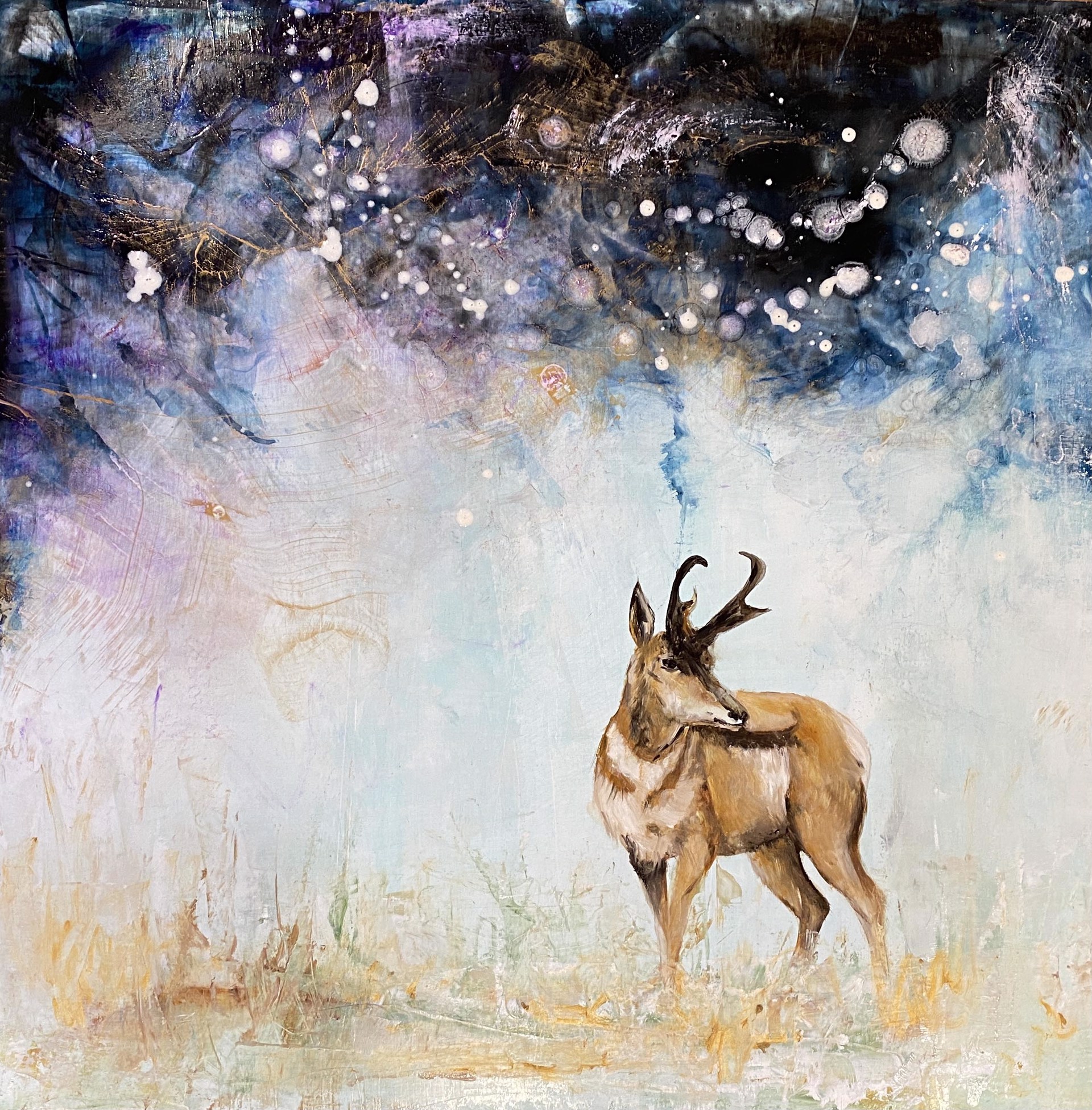 Original Oil Painting Featuring An Abstract Nighttime Landscape And Deer