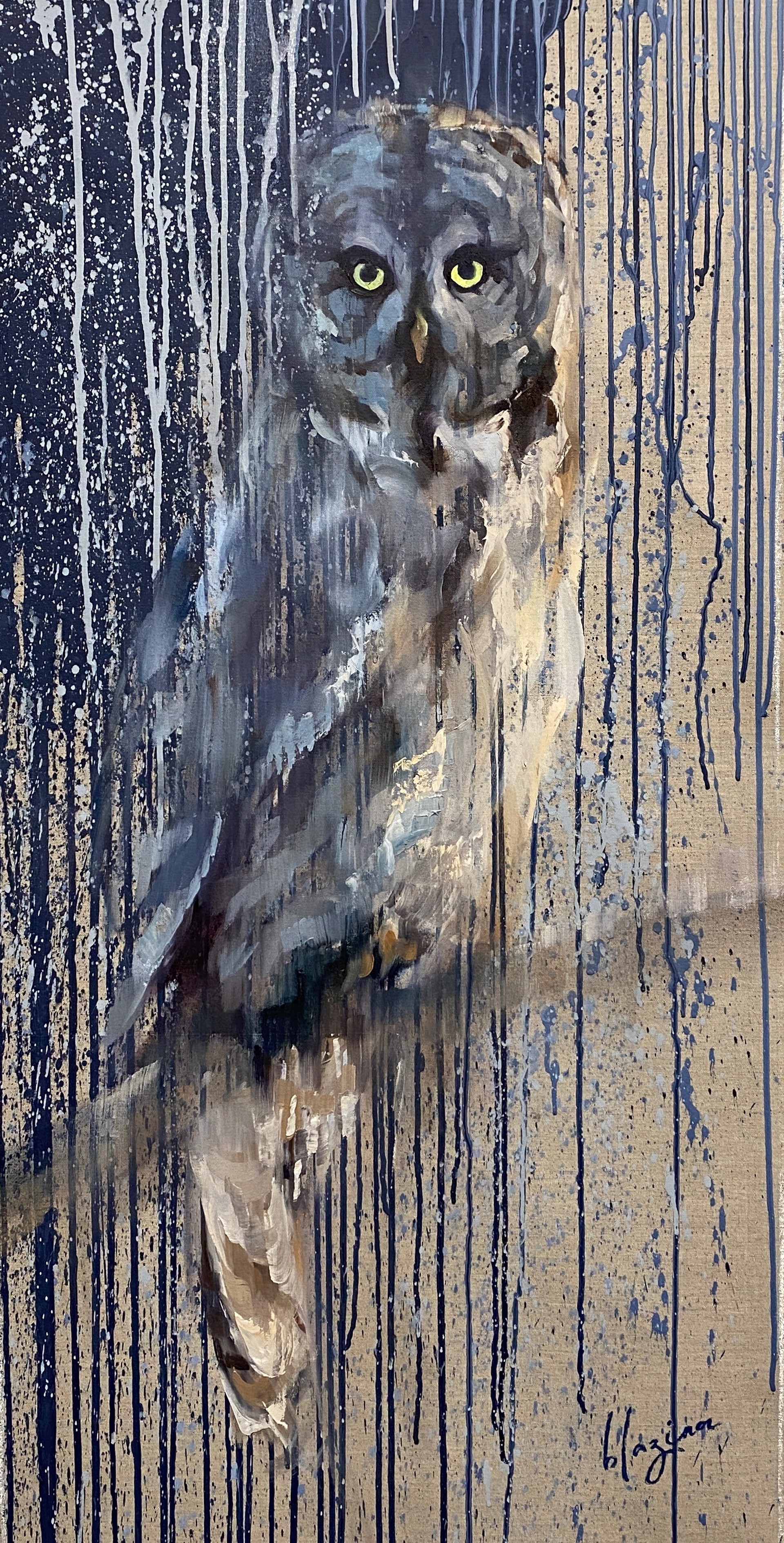 Oil Painting Of A Great Grey Owl Perched Looking At The Viewer With An Exposed Linen An Dramatic  Drip Background