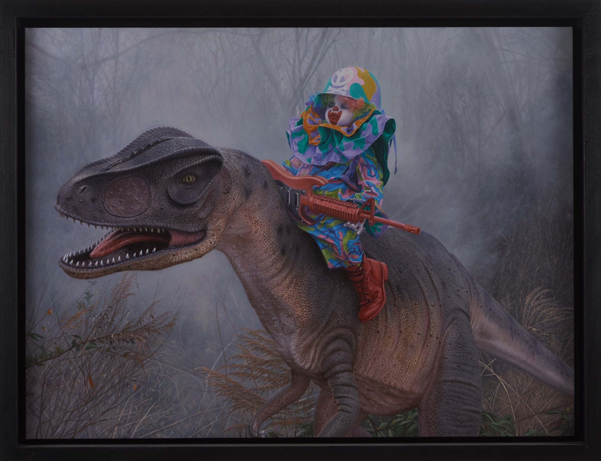 Camo Peace Clown On Dinosaur by Ron English