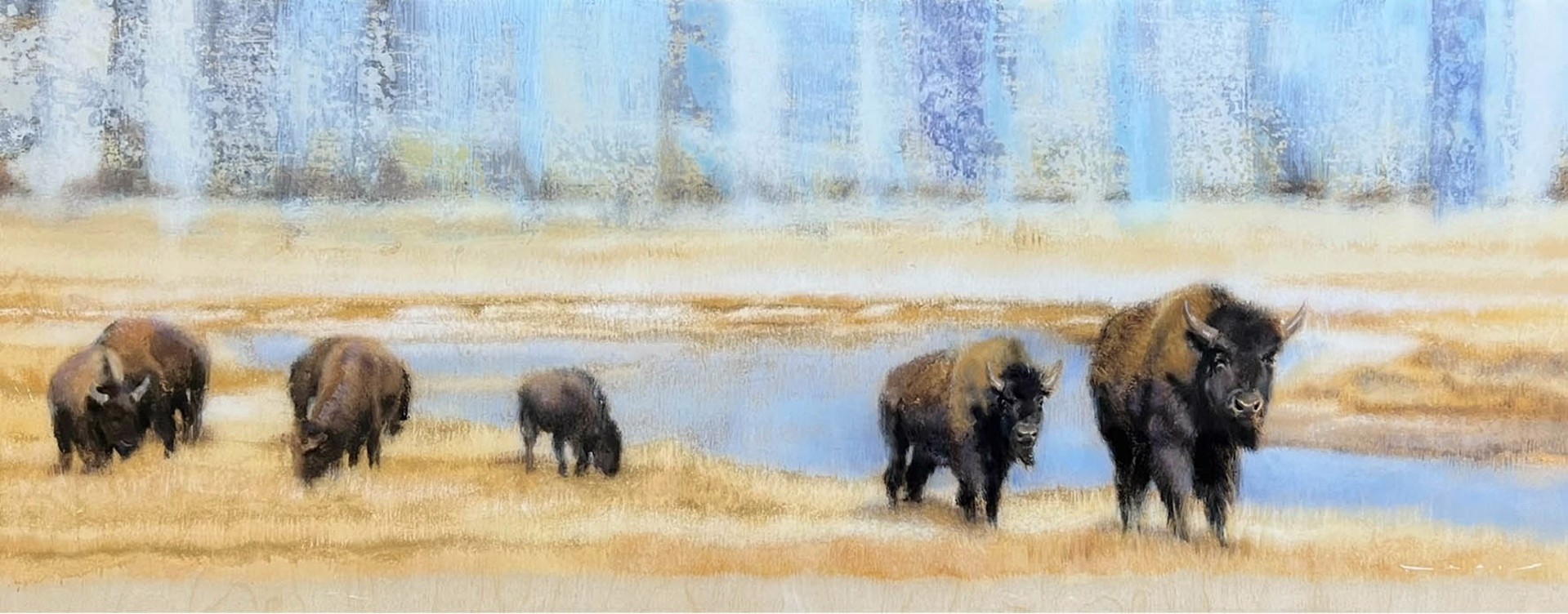 Original Painting Featuring A Bison Herd Walking Through Plains With Gold Leaf Details And Resin Finish