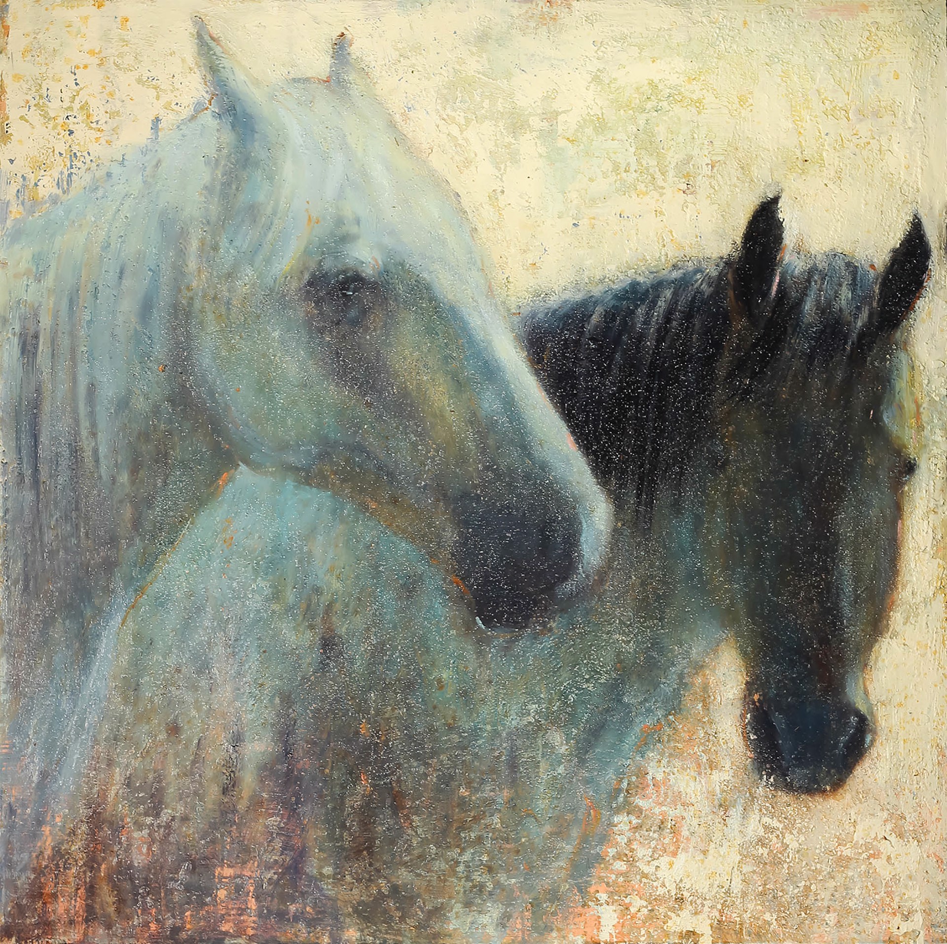 An Original Mixed Media Painting Of Two Horses With A Contemporary Tan Background, By Matt Flint At Gallery Wild