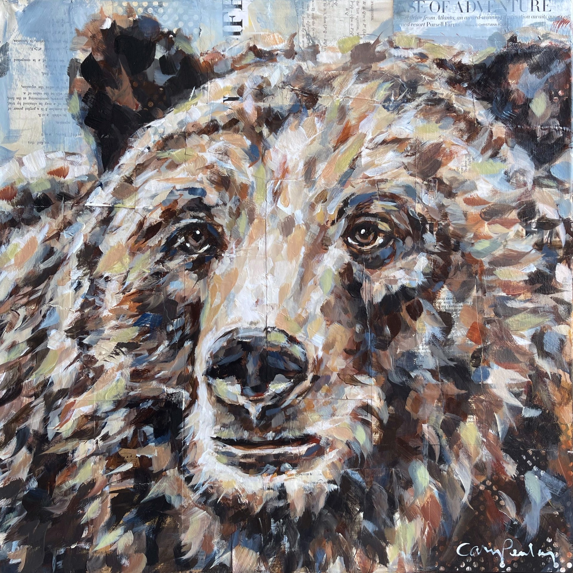 Original Artwork, Painting, Collage Of A Bear's Head, By Carrie Penley