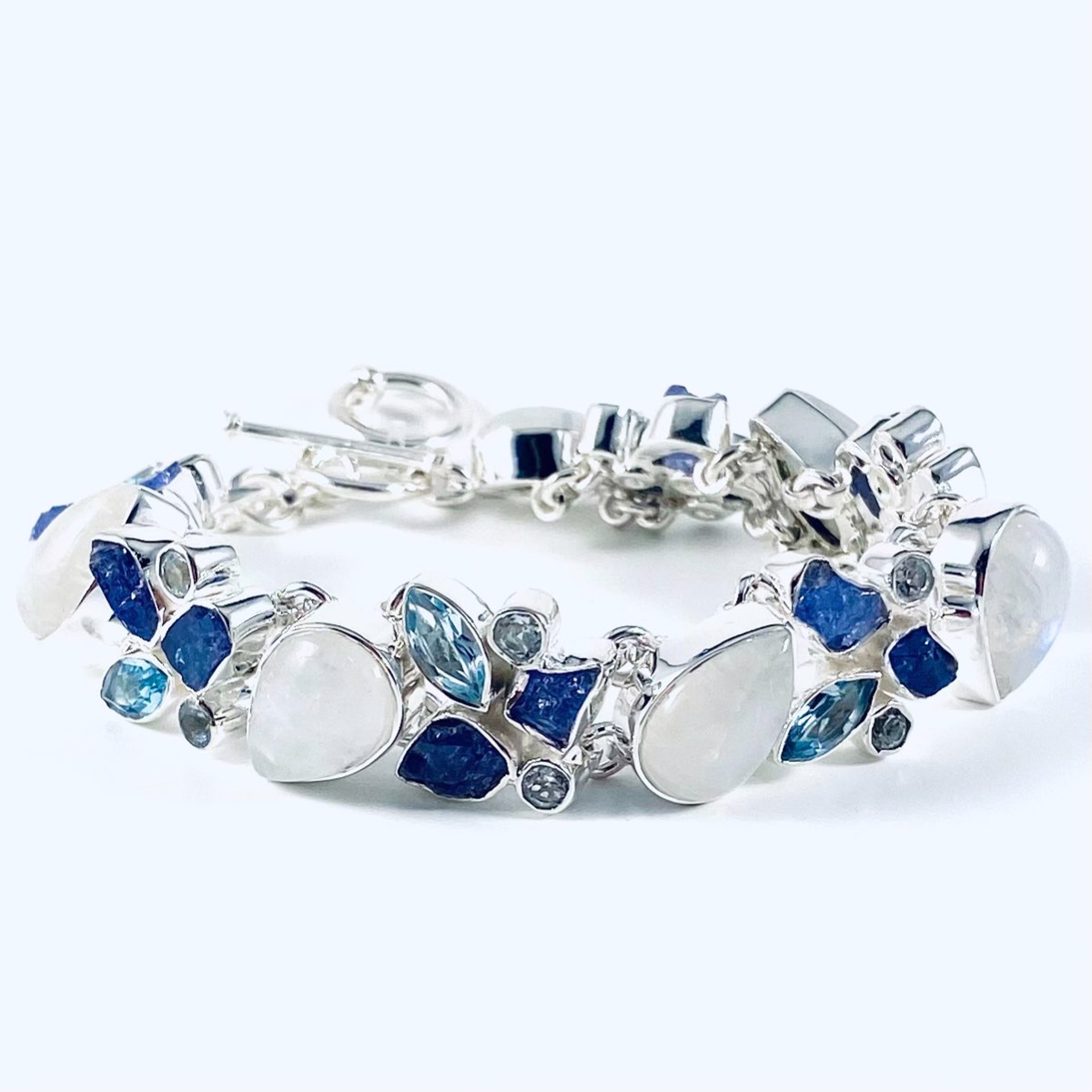Moonstone Tanzanite Blue Topaz Silver Bracelet, Toogle Clasp by Monica Mehta