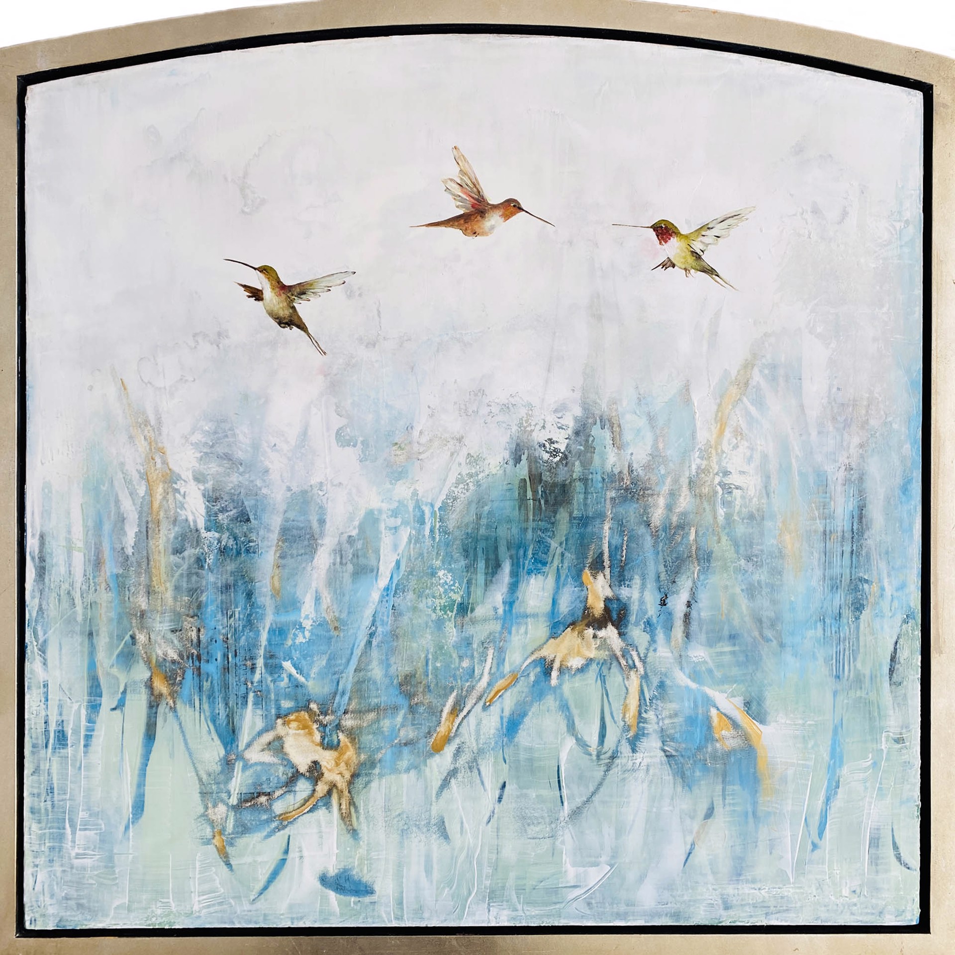 Original Oil Painting Featuring Three Hummingbirds Flying Over Blue Abstract Background With Geometric Details In Arched Frame