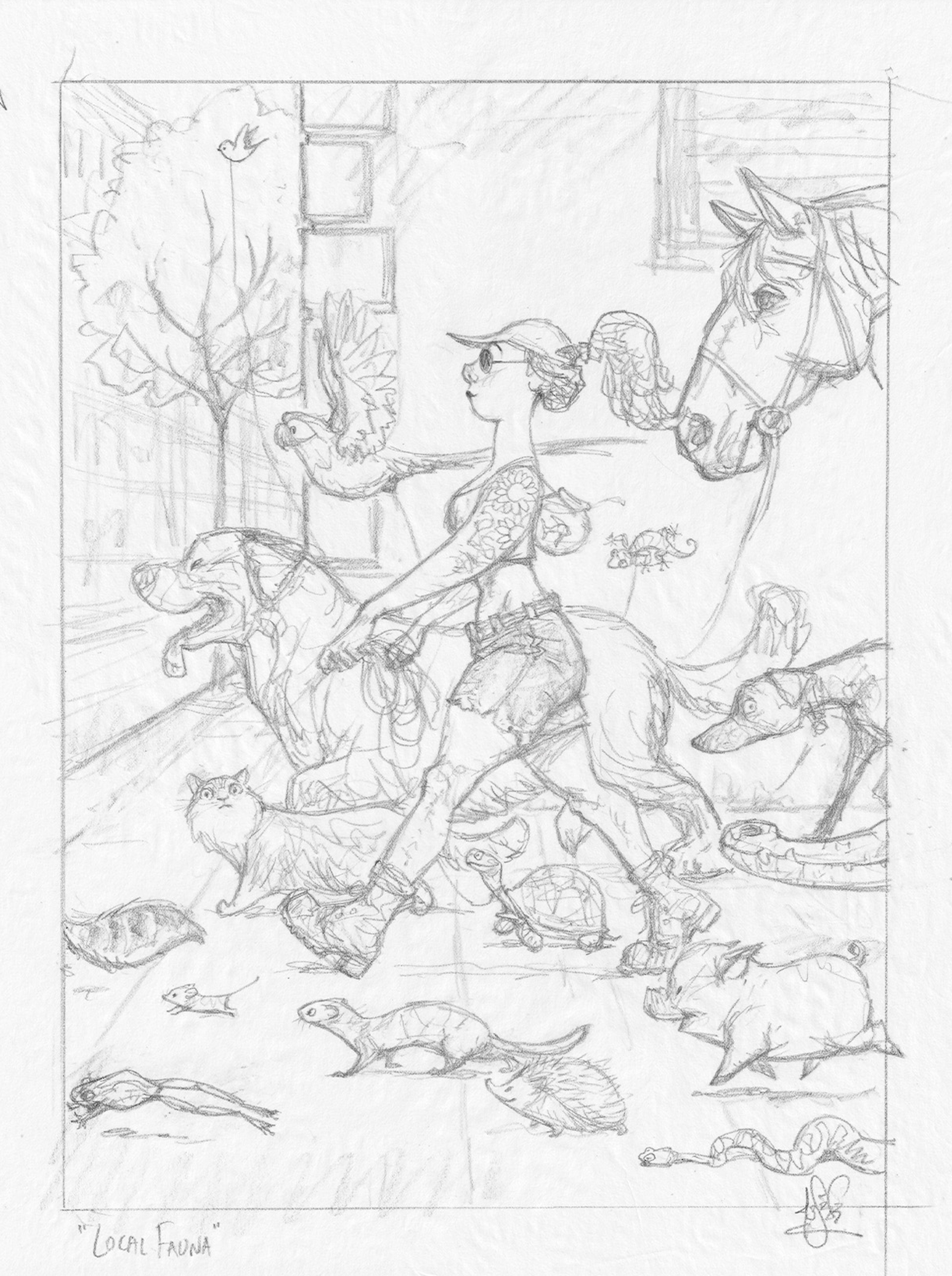 Proposed sketch for New Yorker Cover "Local Fauna" by Peter de Sève