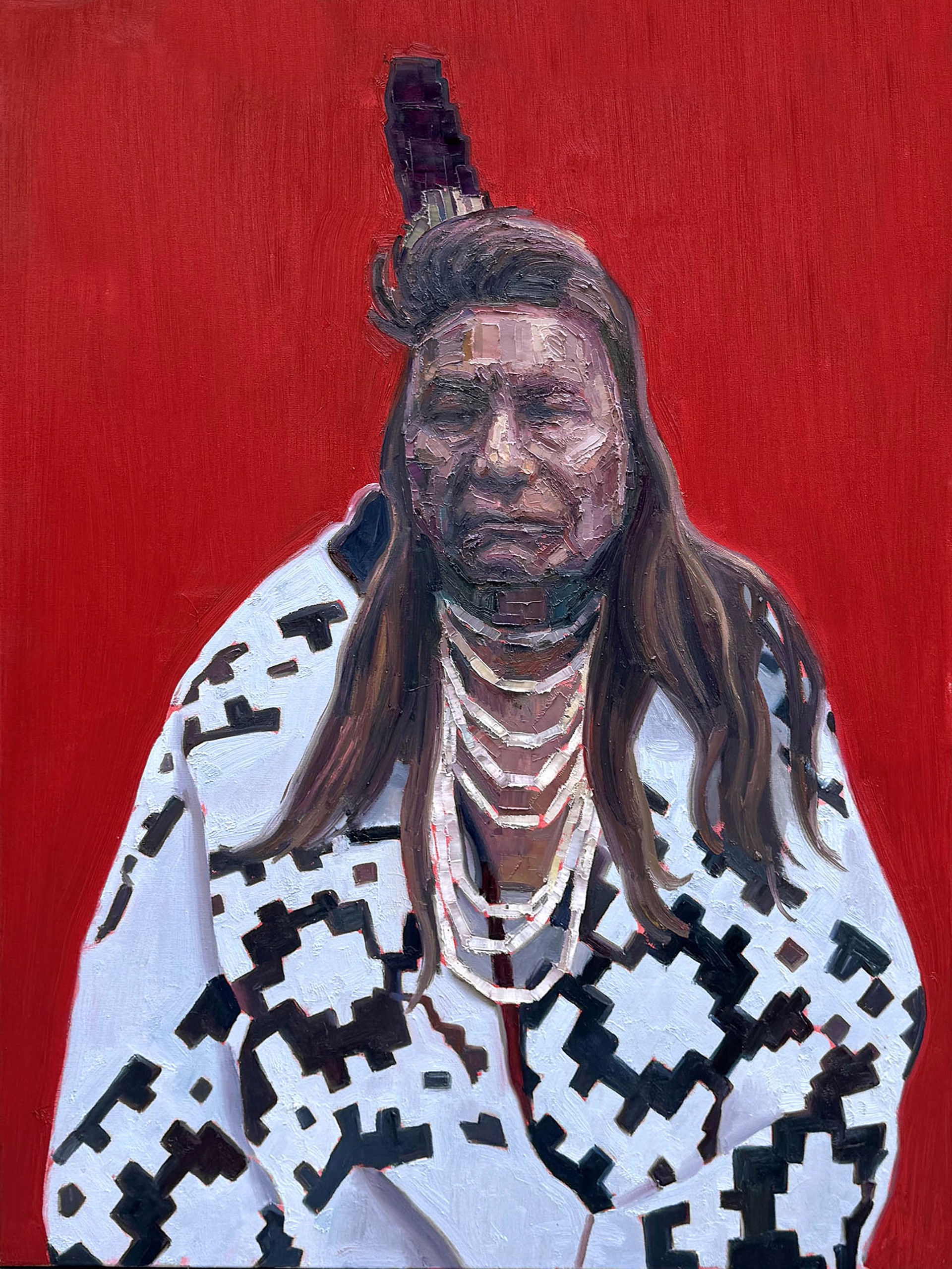 Original Oil Painting By Aaron Hazel Featuring Chief Joseph Figure Painting On Red Background