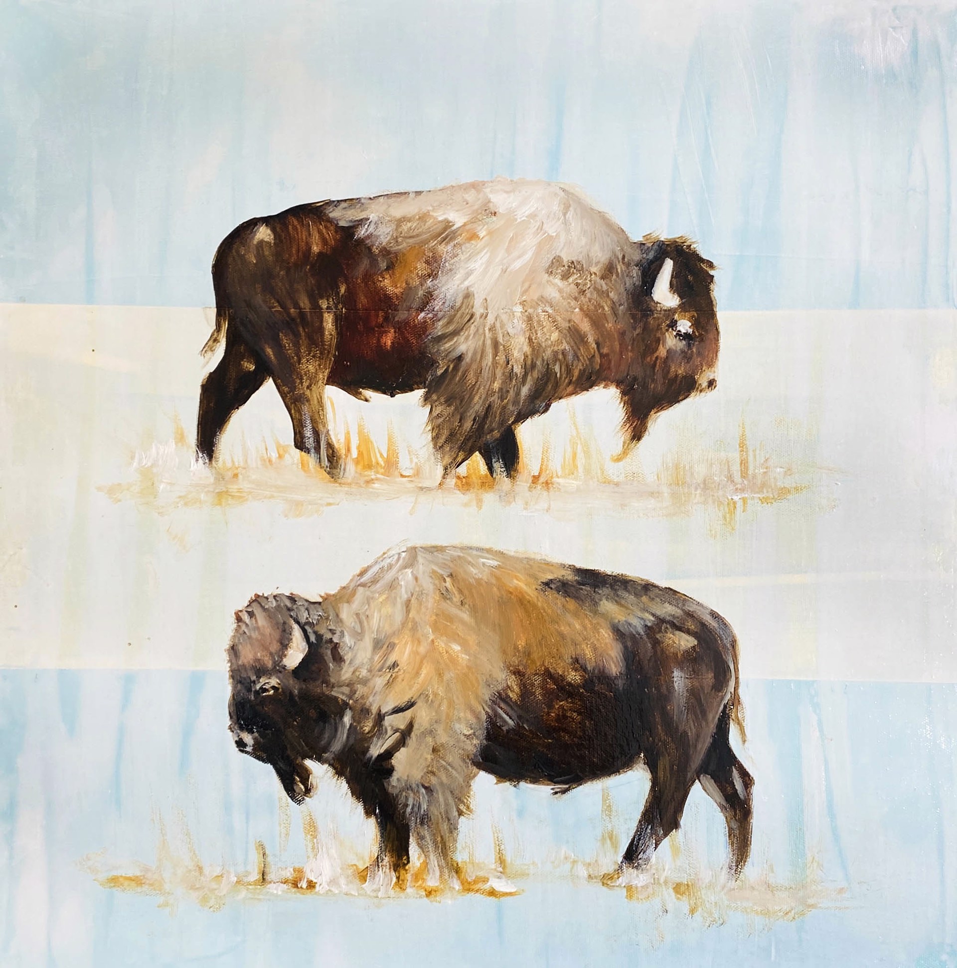 Original Oil Painting Featuring Two Bison Walking In Opposite Directions Over Abstract And Graphic Striped Background