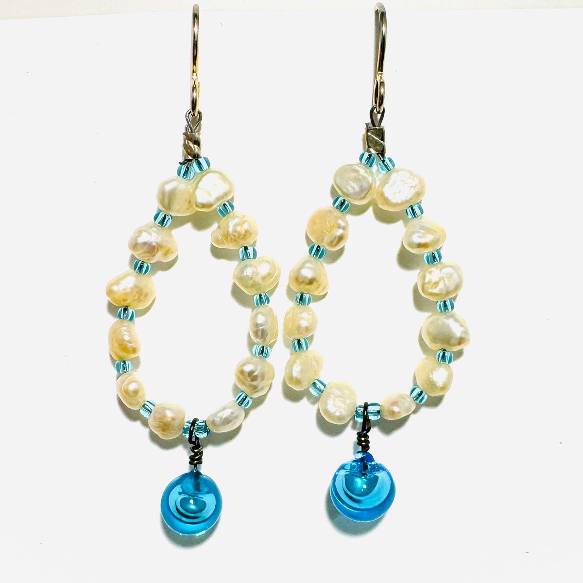 Pearl Hoop with Blue Bubble Bead Earrings LS23-43 by Linda Sacra