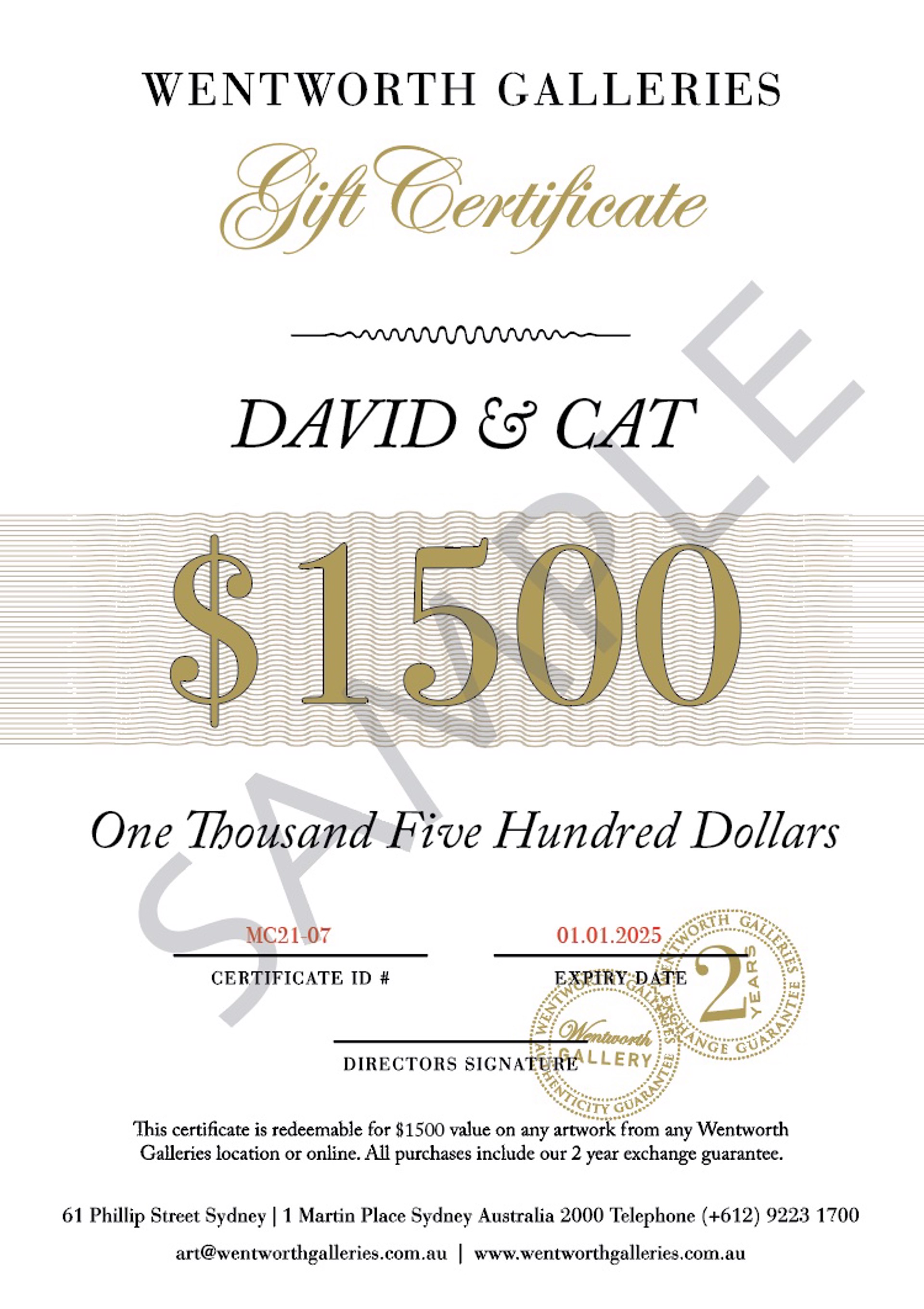 Gift Certificate - One Thousand Five Hundred Dollars $1500 (David & Cat)