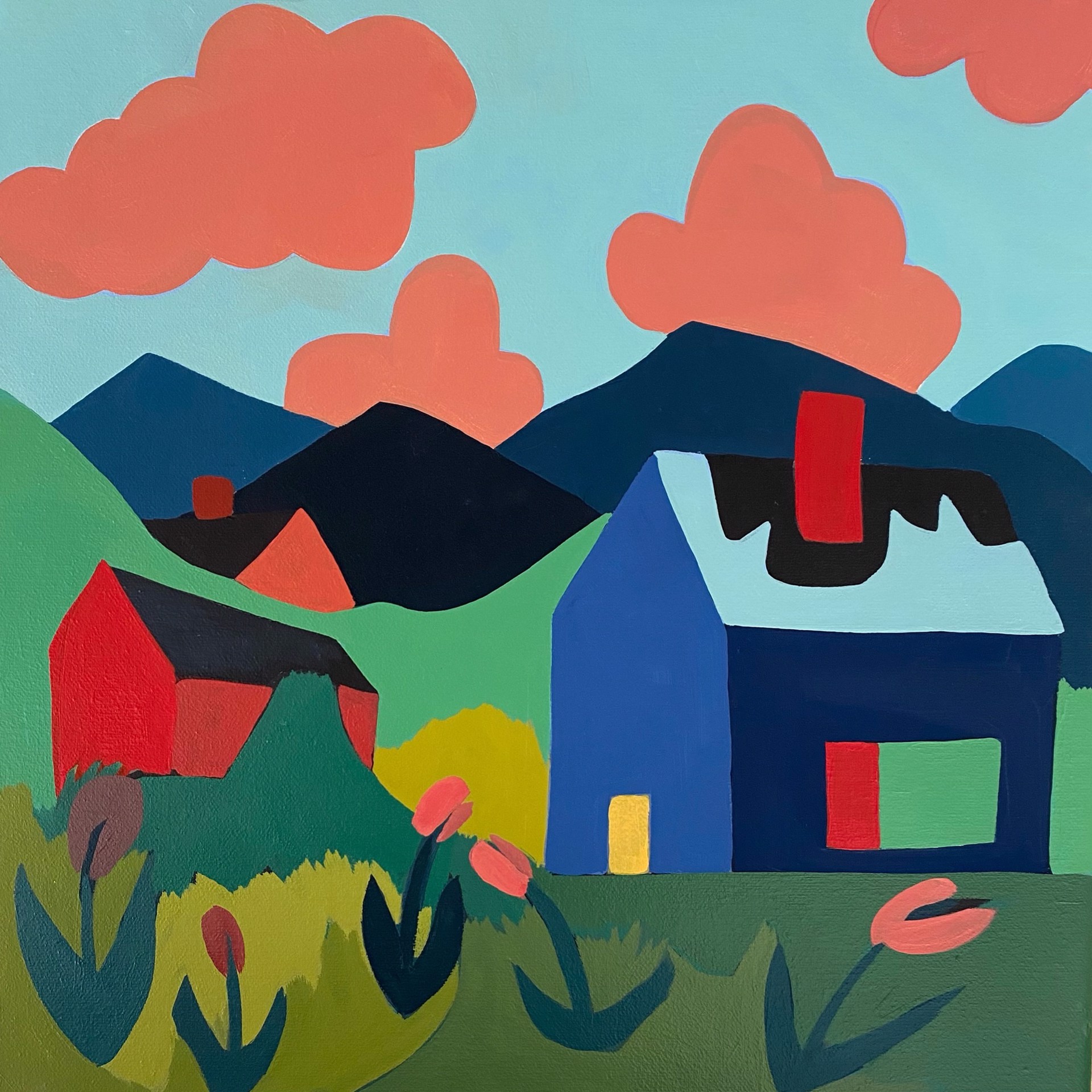 Blue House, Red Barn and Pink House with Chimney by Sage Tucker-Ketcham