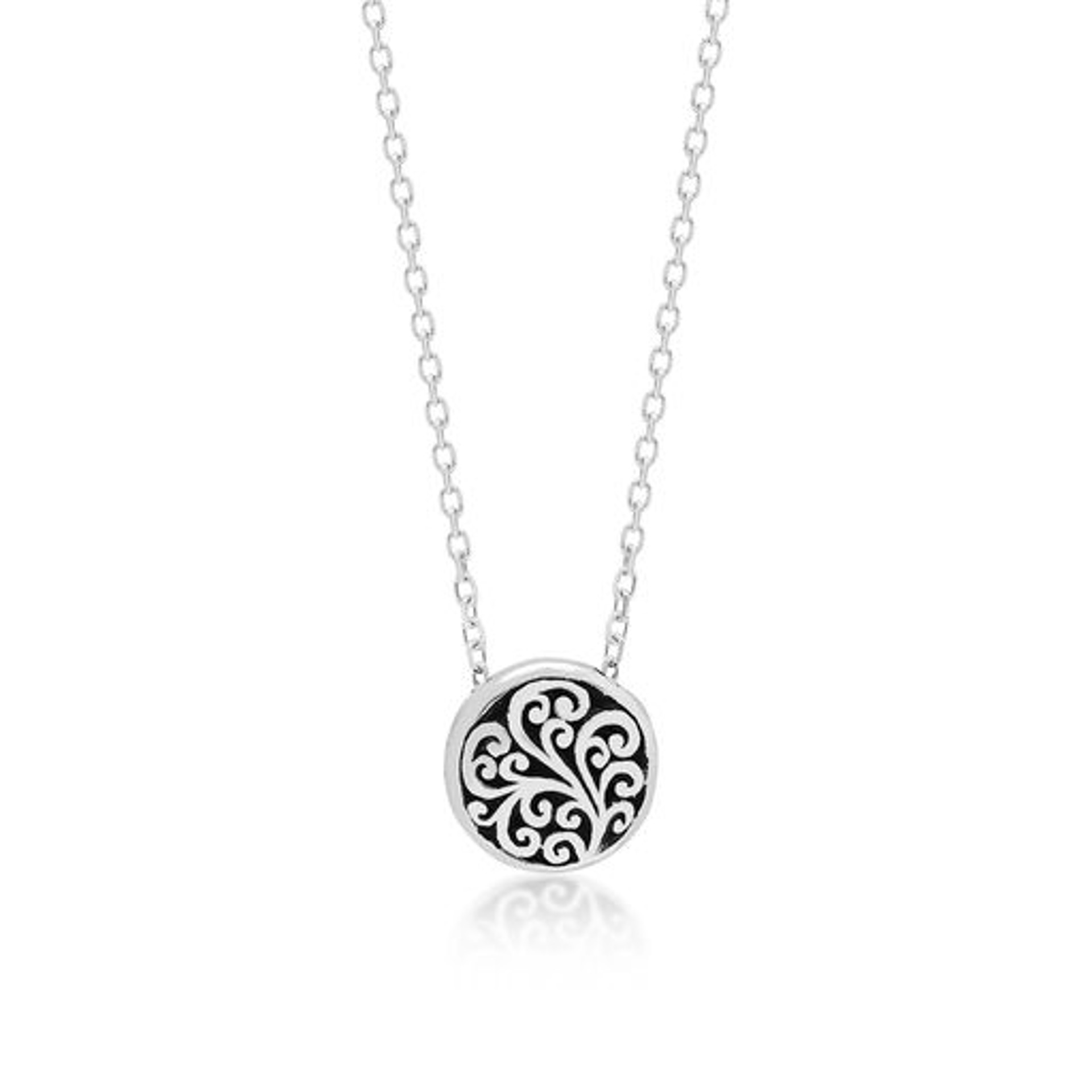 LH Signature Scroll Sterling Silver Delicate Round Pendant Necklace in Adjustable Chain by Lois Hill