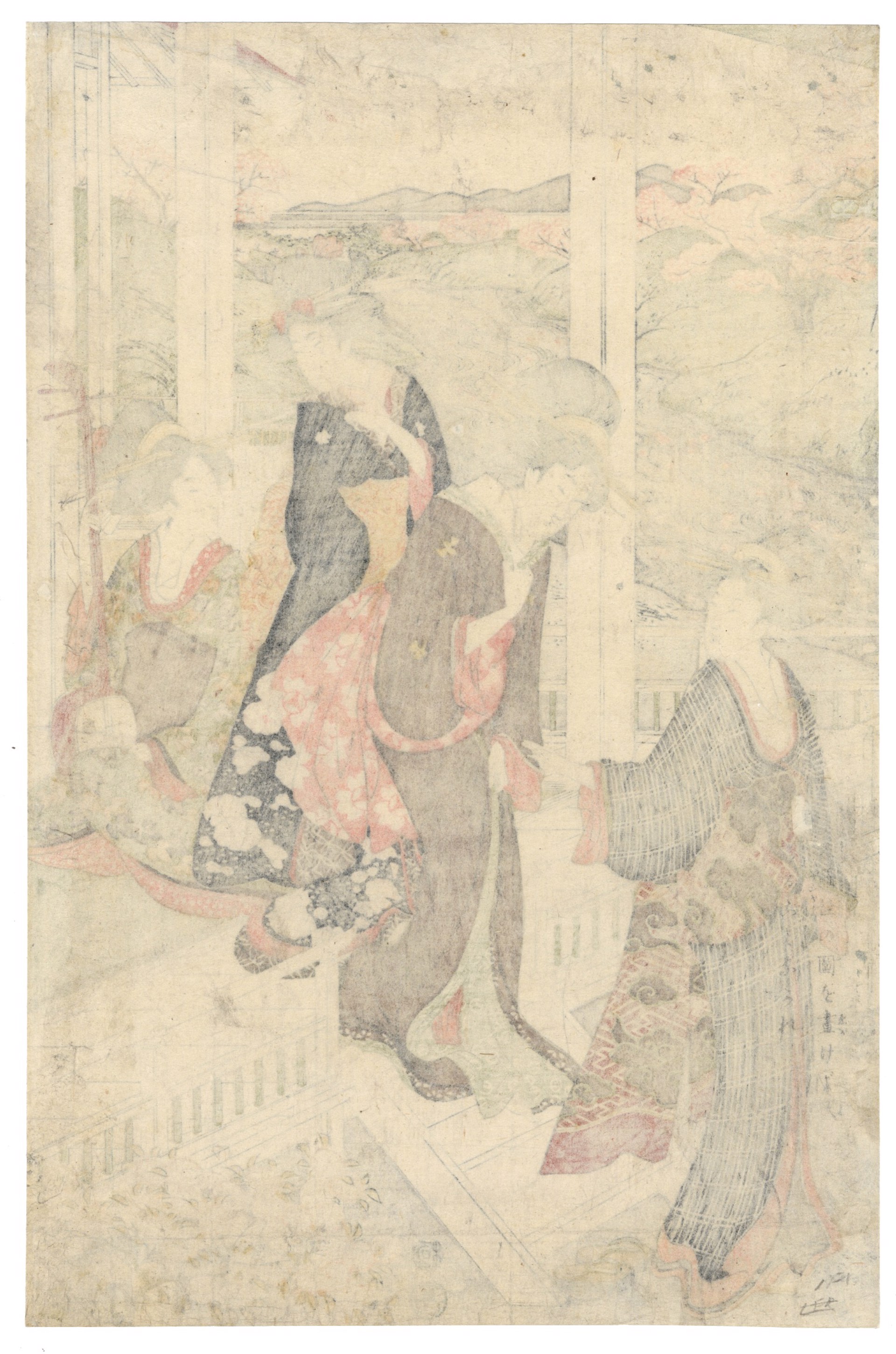 Beauties Viewing Cherry Blossoms from a Veranda by a River by Utamaro