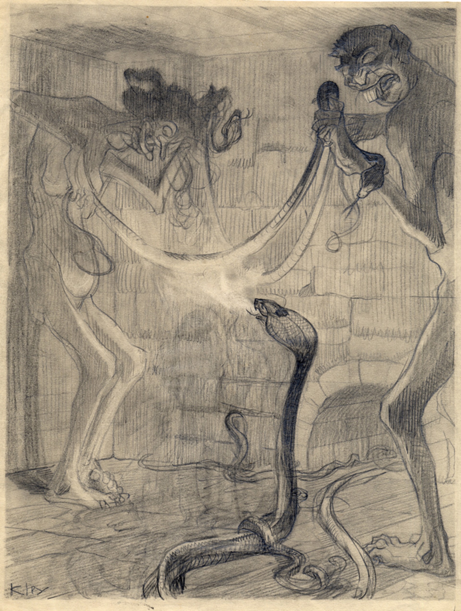 Untitled,  Ogre and Hag Handling Snakes by Heinrich Kley