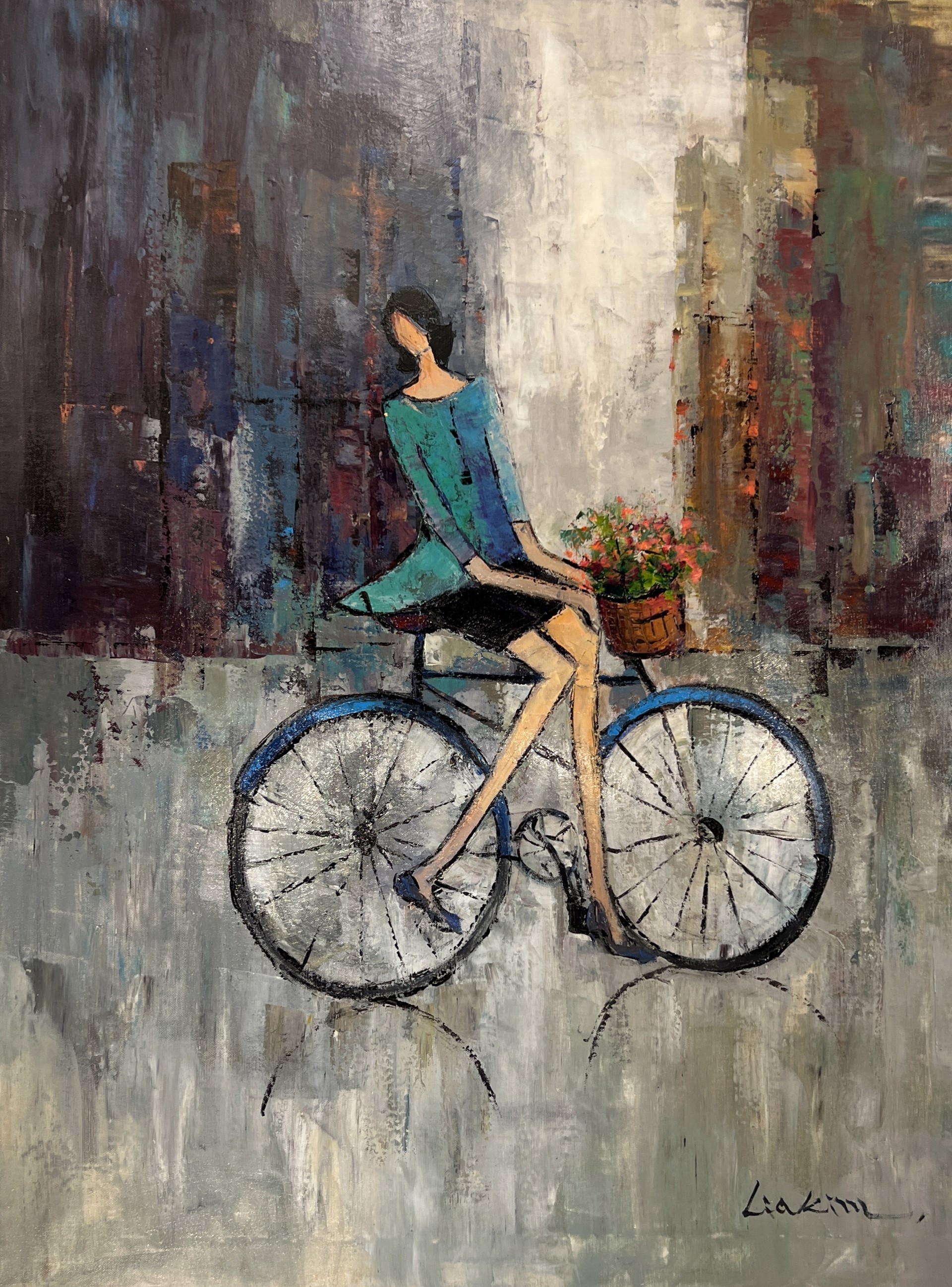 CYCLIST IN TEAL BLOUSE by LIA KIM