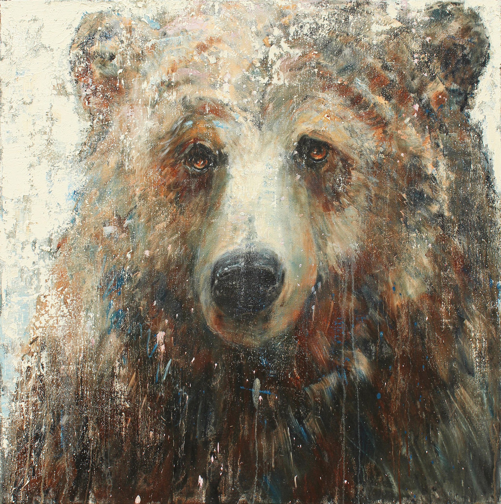 Original Oil And Mixed Media Painting Featuring A Grizzly Bear Face On Abstract Cream Background With Dripping Details