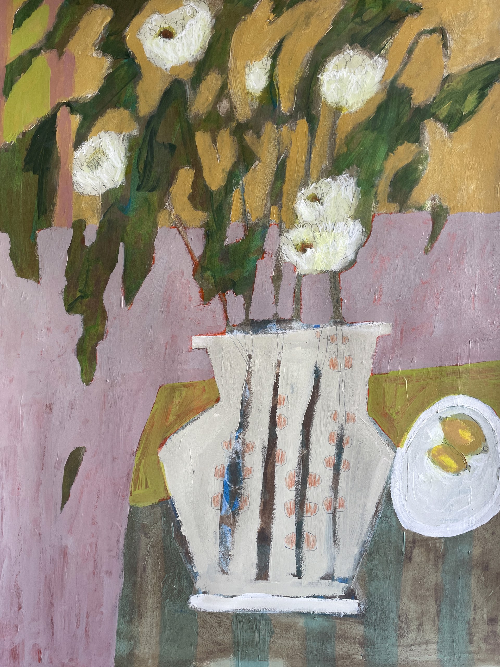 White Flowers and Lemons on Table by Rachael Van Dyke