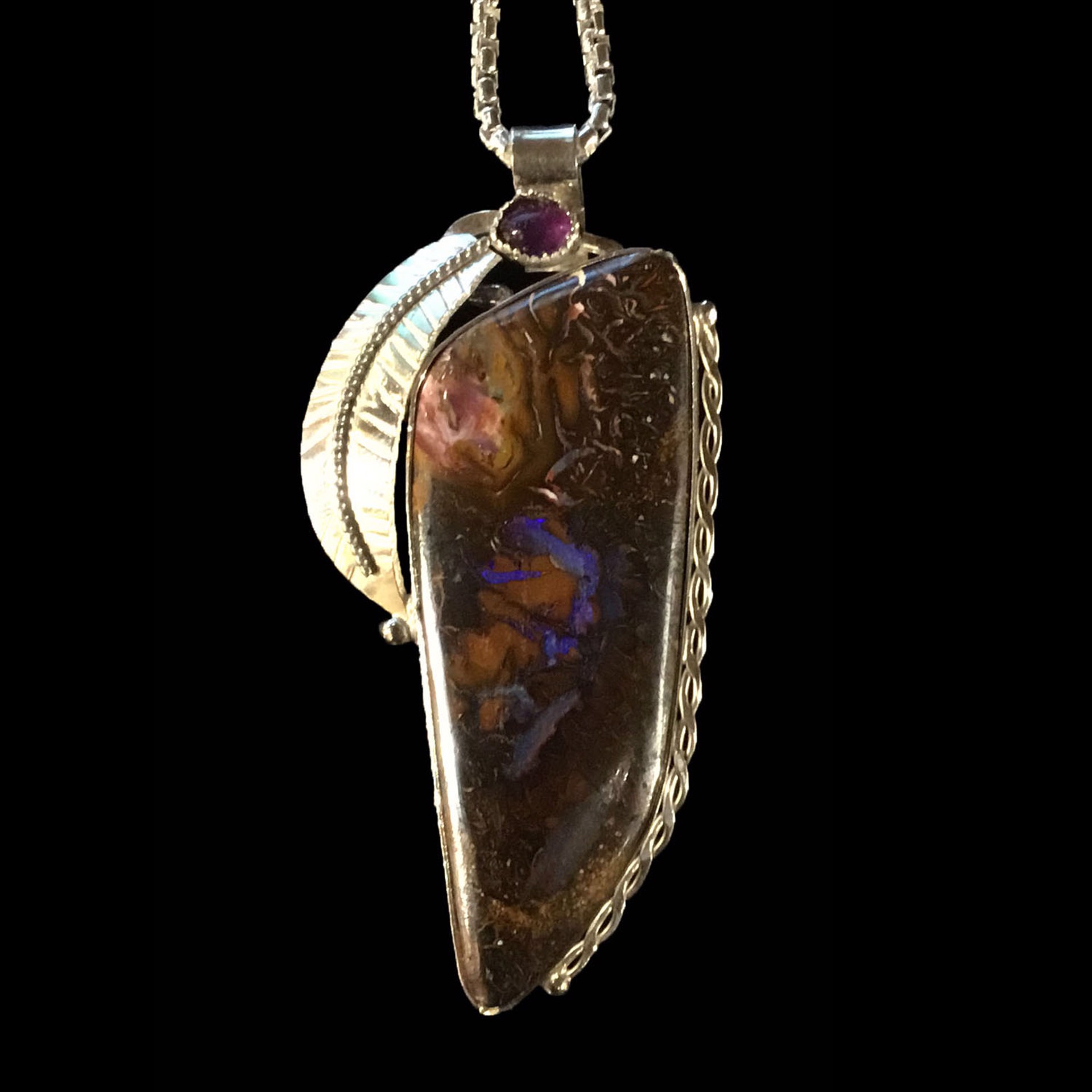 Boulder Opal with 24" Sterling Silver Necklace by Michael Redhawk