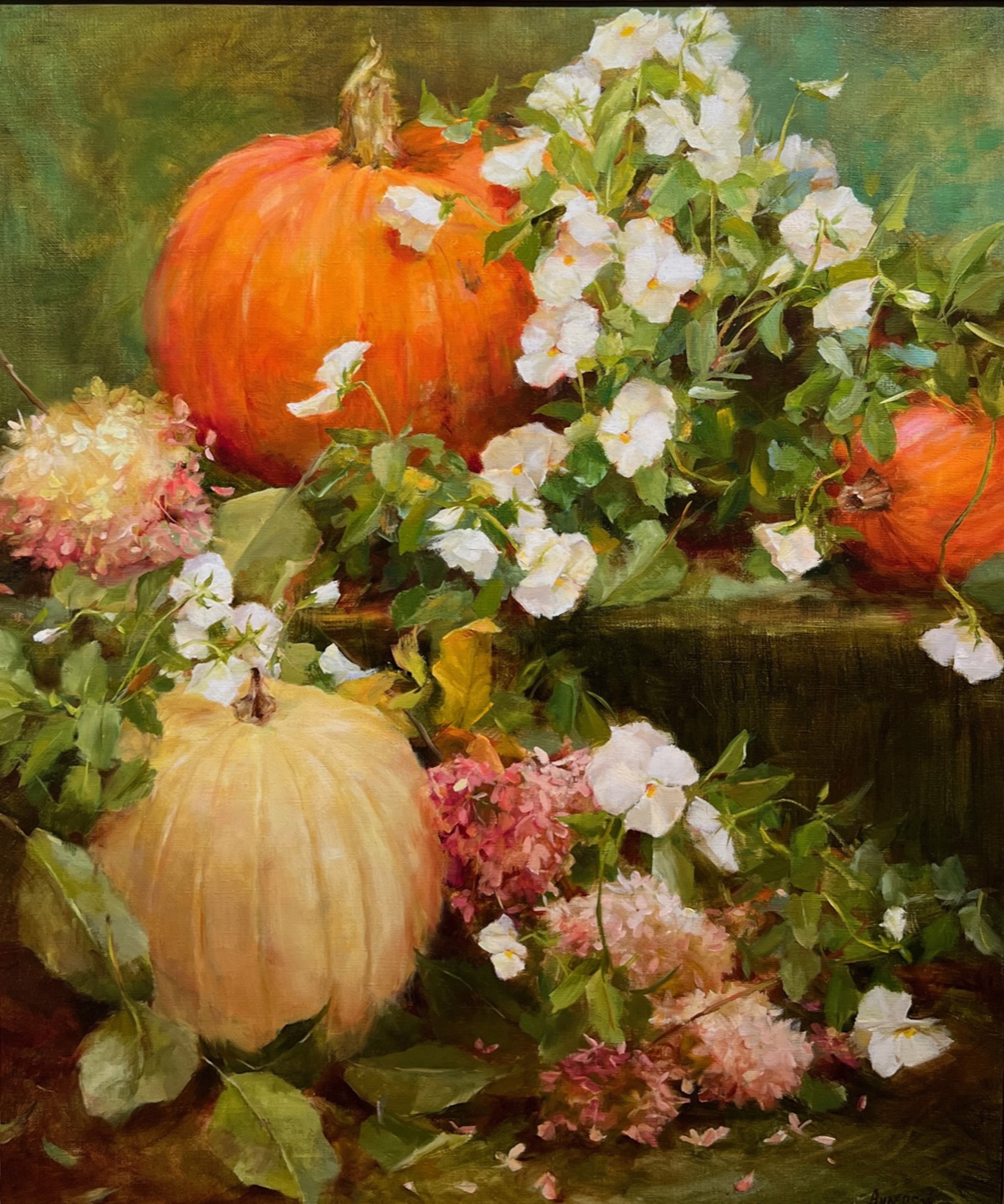 Pumpkins and White Pansies by Kathy Anderson
