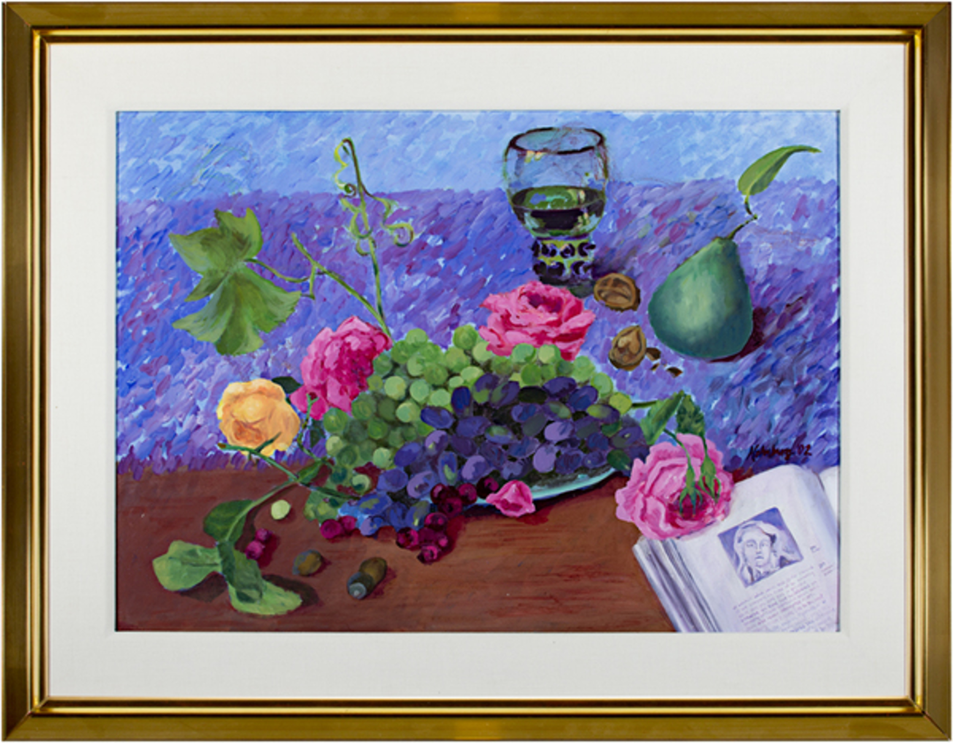 Roses & Grapes with Pear and Book by Catherine Holmburg