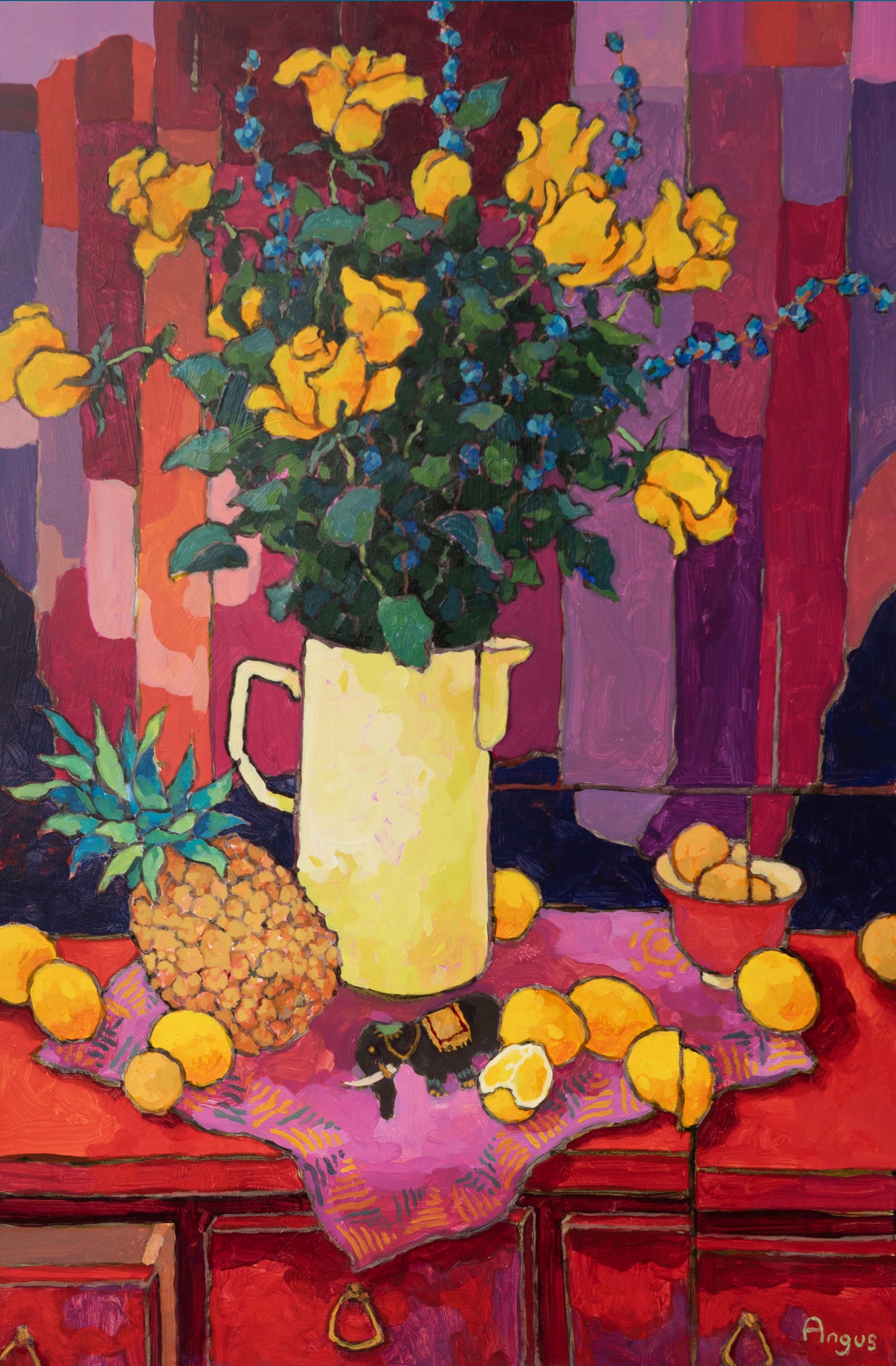 Yellow Roses on Red Table by Angus