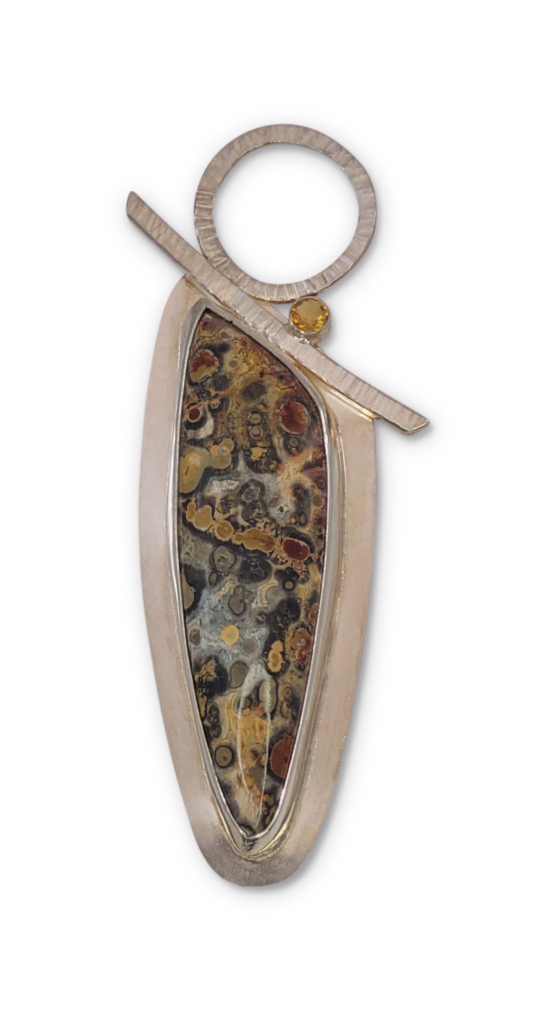 Sterling Silver Pendant with 60mm x 15mm Leopard Jasper and 5mm Citrine Stone by Leslie Eggers