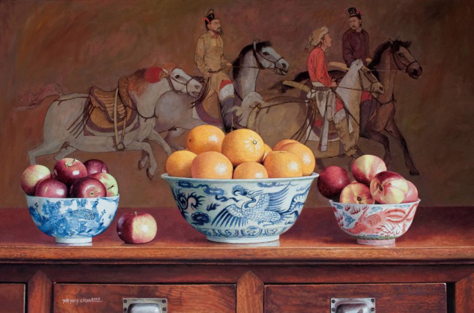 Riding Horses with Three Bowls of Fruit by Yin Yong Chun