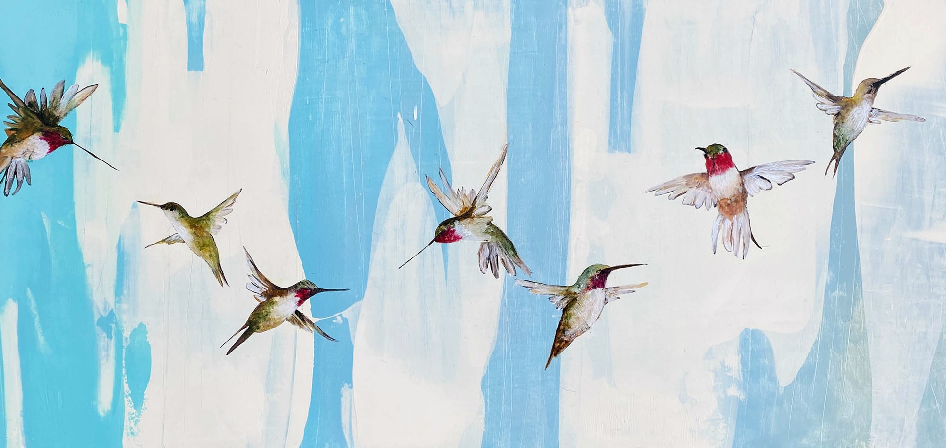 Original Mixed Media Painting By Jenna Von Benedikt Featuring Hummingbirds Across Abstract Background In Blue And White 