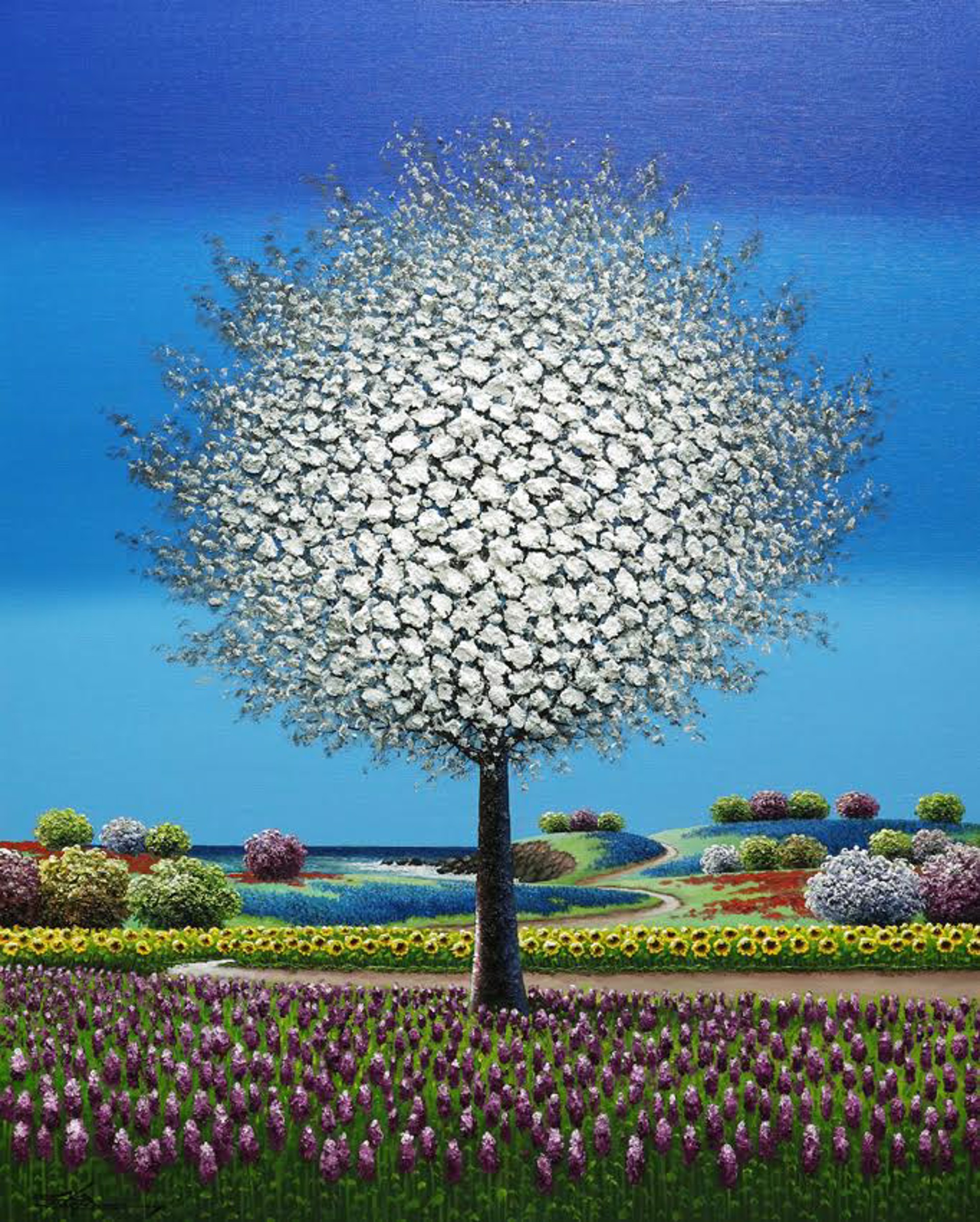 Ocean Blues by painter artist Mario Jung features a thickly textured white leaved tree in front of a ocean cove with purple flowers in the foreground