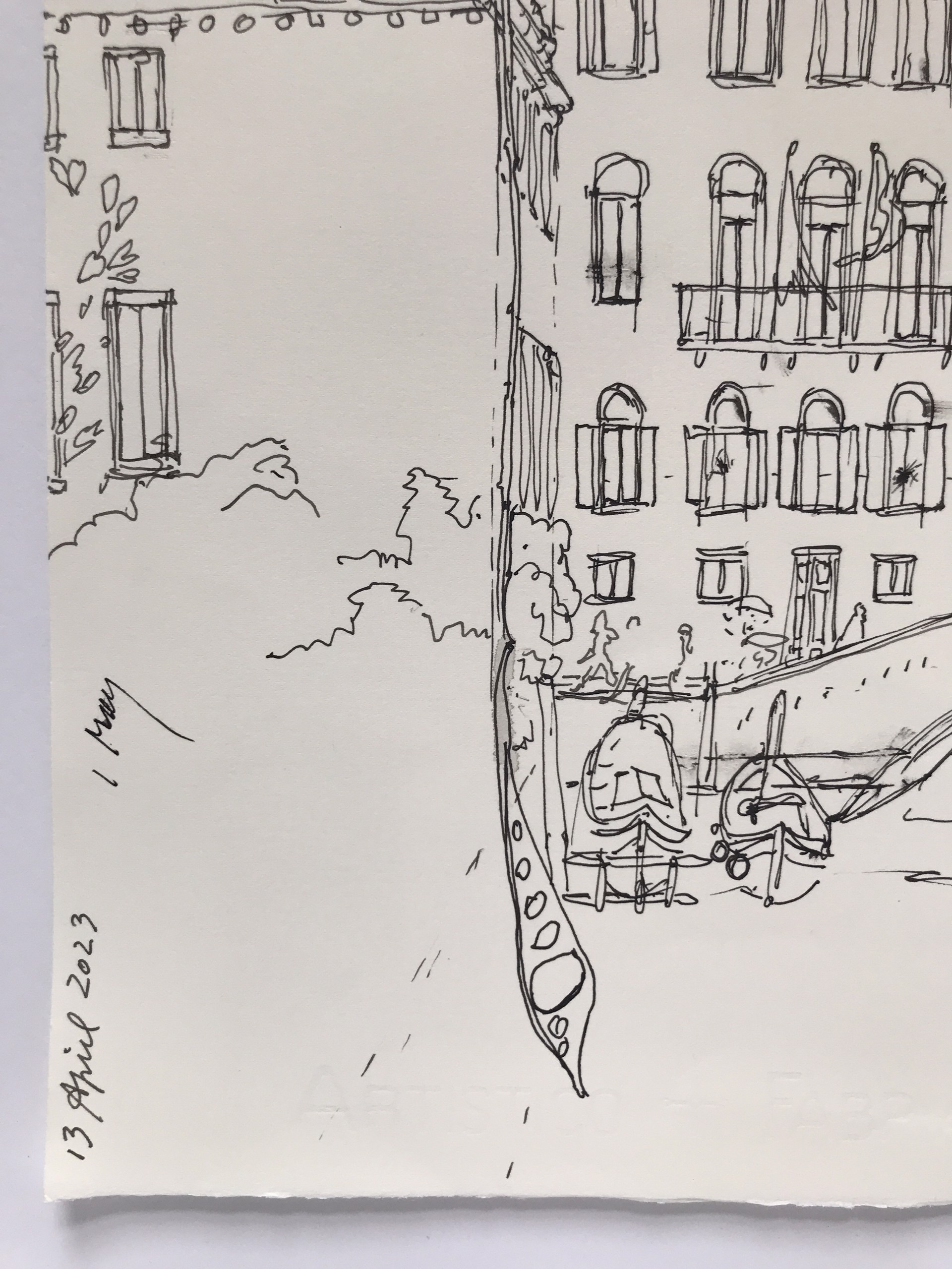 My Wisteria, Venice, 2023: Last year’s seed pods, budding and flowering racemes, a falling blossom, terrace view towards Ponte sant’ Agostin (W. japonica floribunda macrobotrys) by Amy Worthen