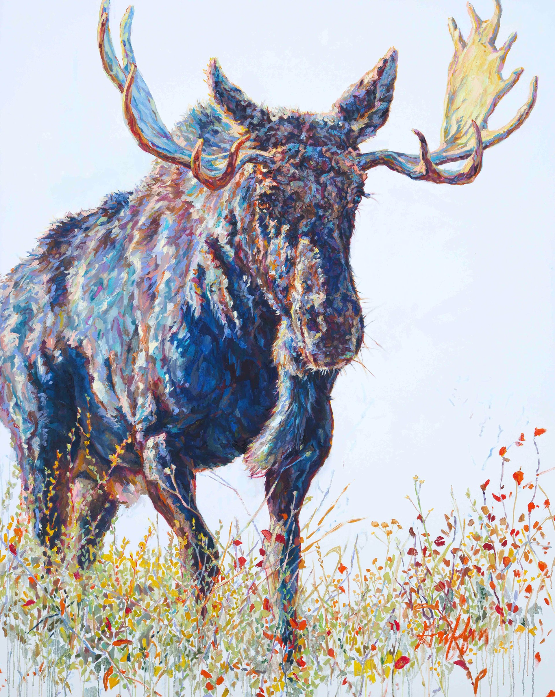 Original Oil Painting Featuring Male Moose On White Background With Impressionist Style Wild Flowers