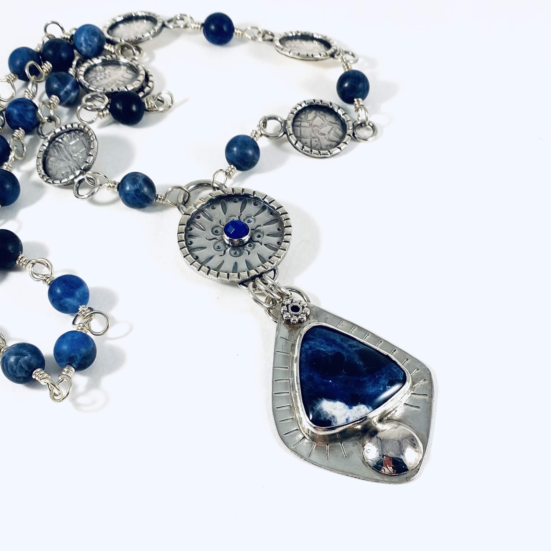 Lapis, Sodalite (3.5")Pendant on 26" Sterling and Bead Chain Necklace AB21-26 by Anne Bivens