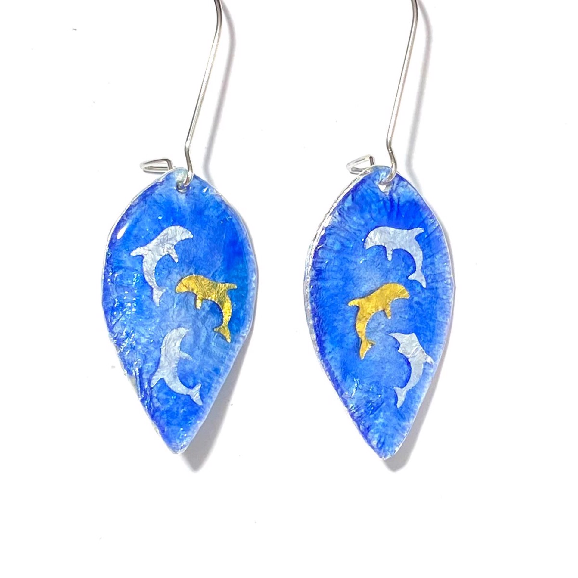 Silver And Gold Dolphins Over Blue Enamel Earrings by Karen Hakim