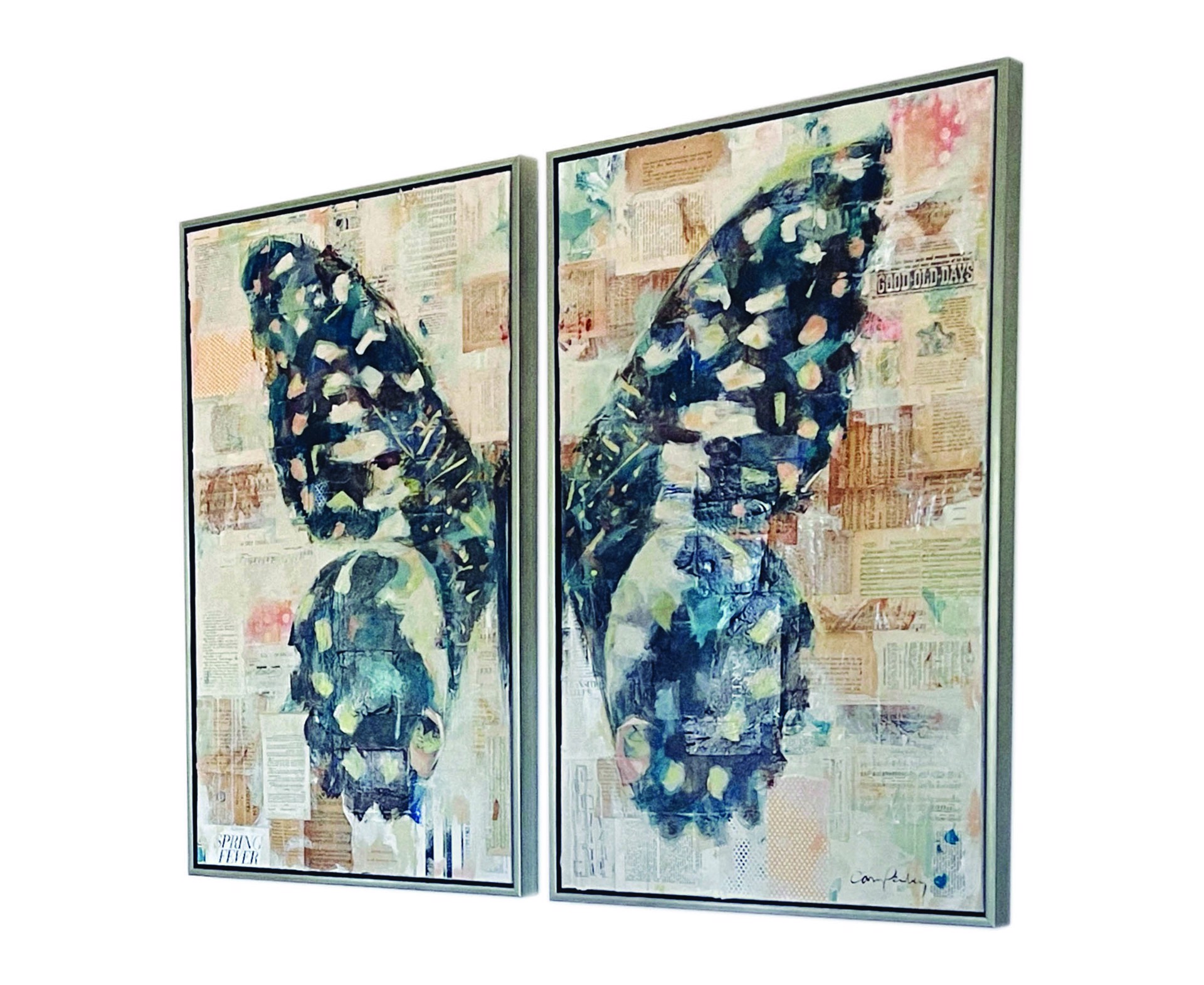 Original Mixed Media Painting Of A Butterfly Split Between Diptych Canvas In Blues With Newspaper Collage