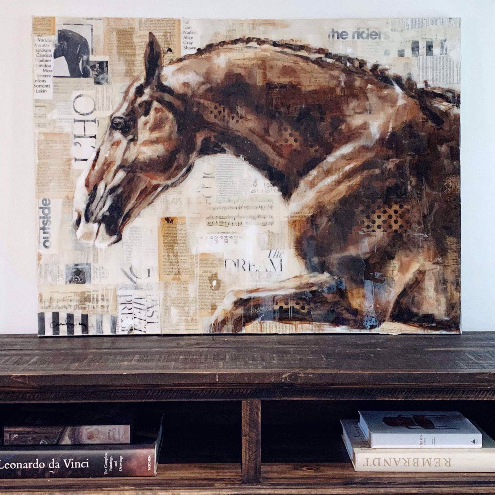 Painting Of The Front Of A Jumping Horse On A Contemporary Newspaper Collage Background, By Carrie Penley
