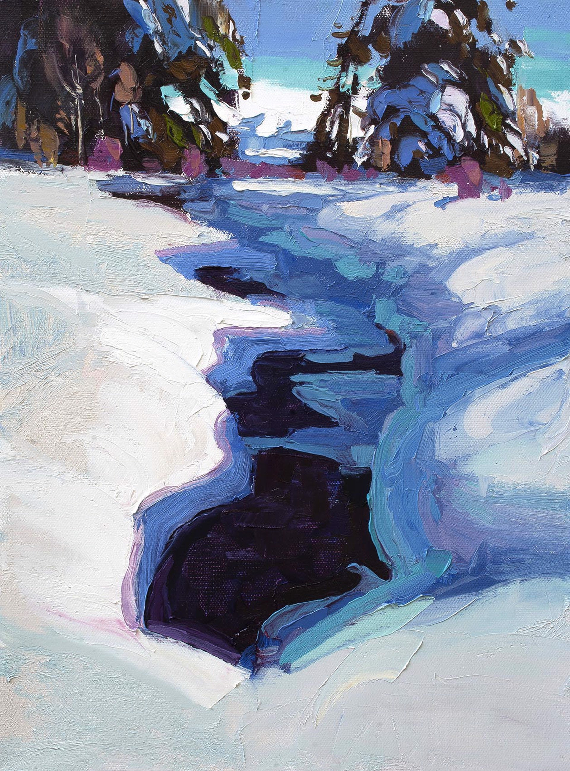 A Contemporary Palette Knife Painting Of A Creek Surrounded By Snow And Pine Trees By Silas Thompson At Gallery Wild