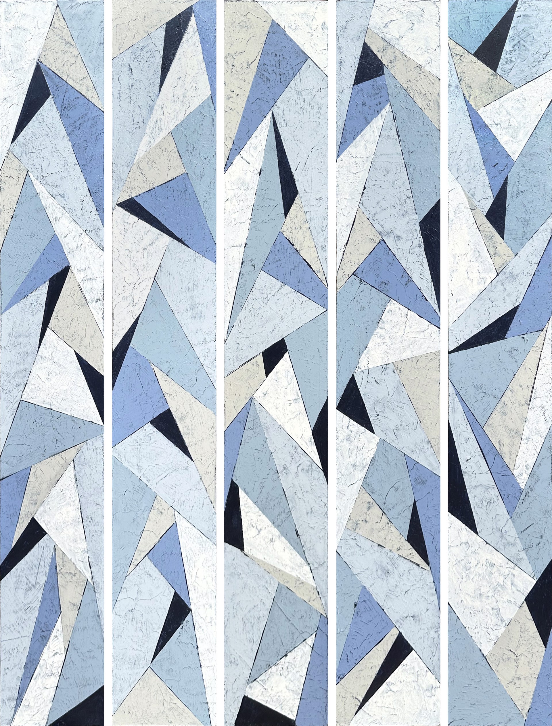 Five narrow panels featuring geometric patterns in different coastal colors