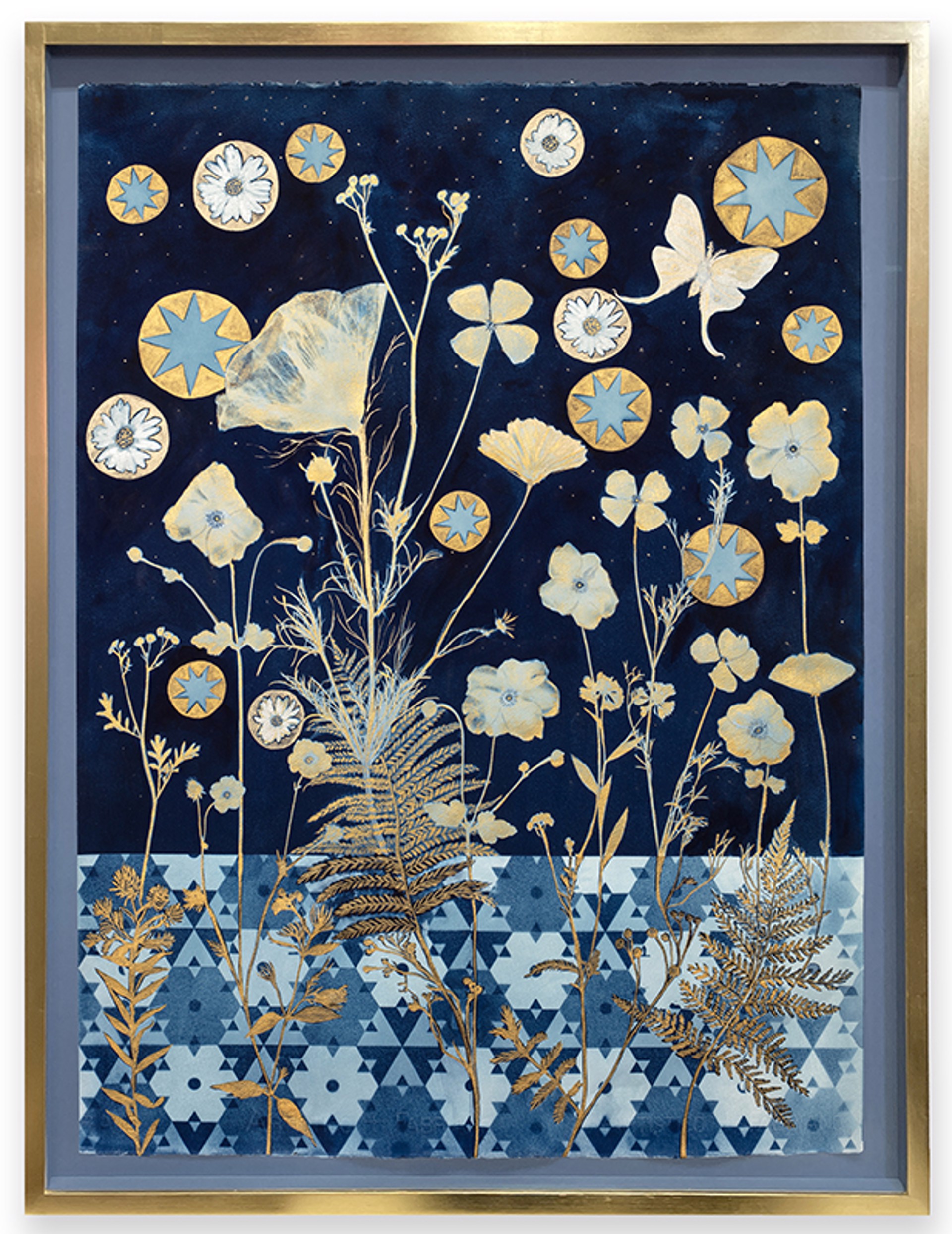 Cyanotype Painting (Gold Ferns, Anemones, Daisies, Luna Moth, Stars, Floor Pattern)) by Julia Whitney Barnes