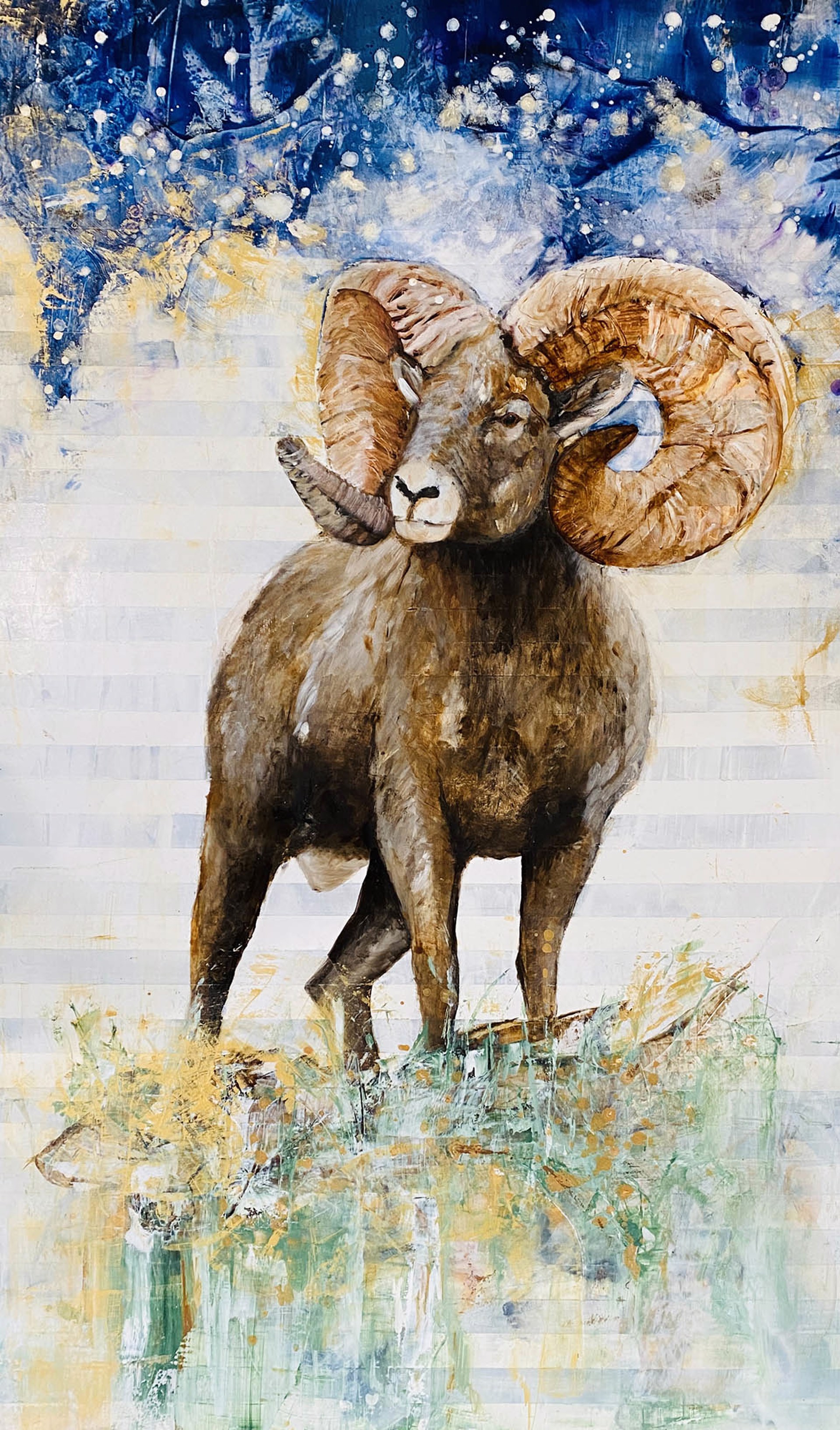 Original Oil Painting Featuring A Big Horn Sheep Over Abstracted Night Landscape Background