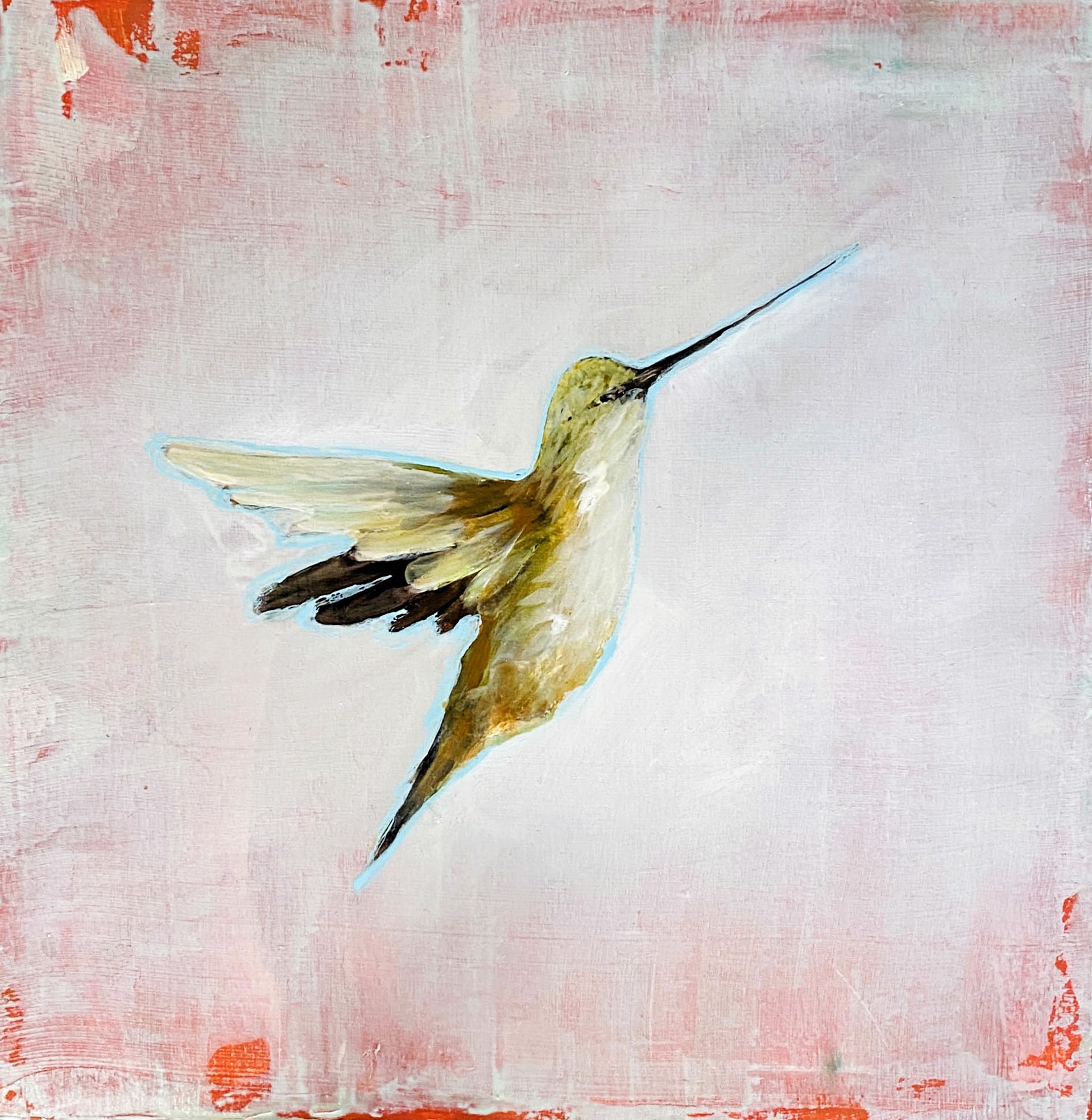 Original Mixed Media Painting Featuring A Single Hummingbird Outlined In Blue Over Abstract Pink And White Background