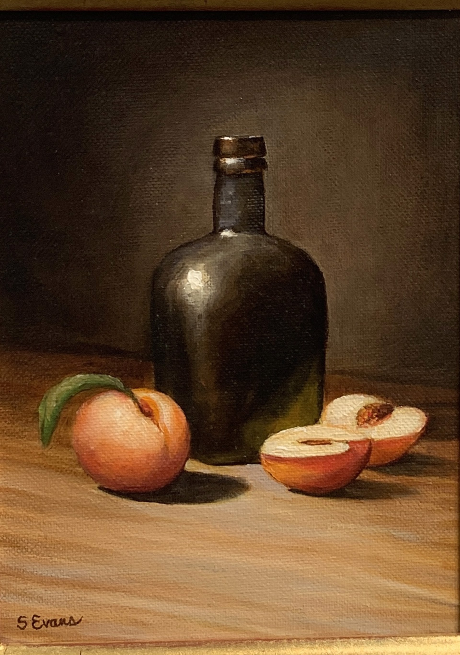 Brown Bottle with Peaches by Susan Evans