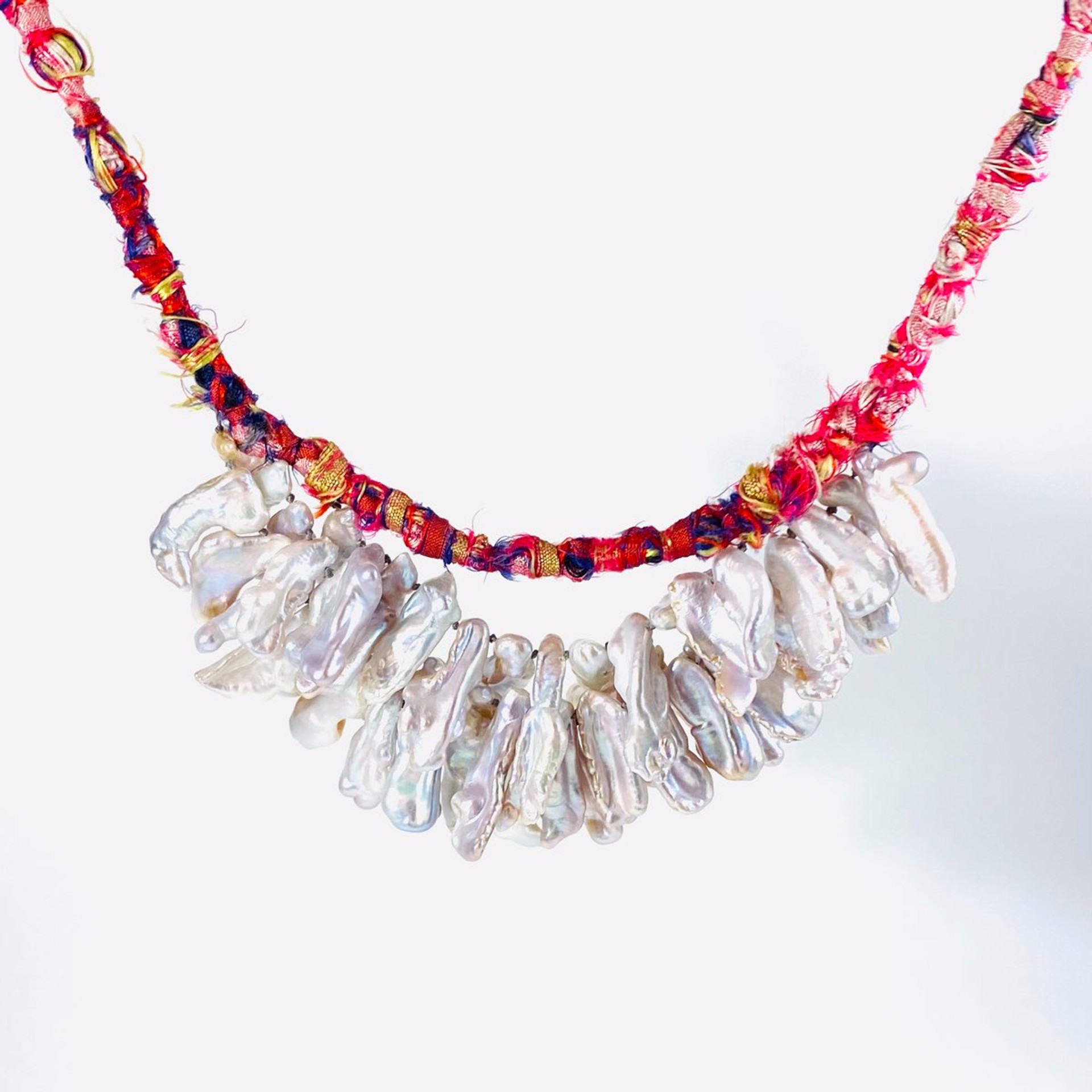 Multi Color Silk Wrap Biwa Pearl Cluster Necklace by Soteria