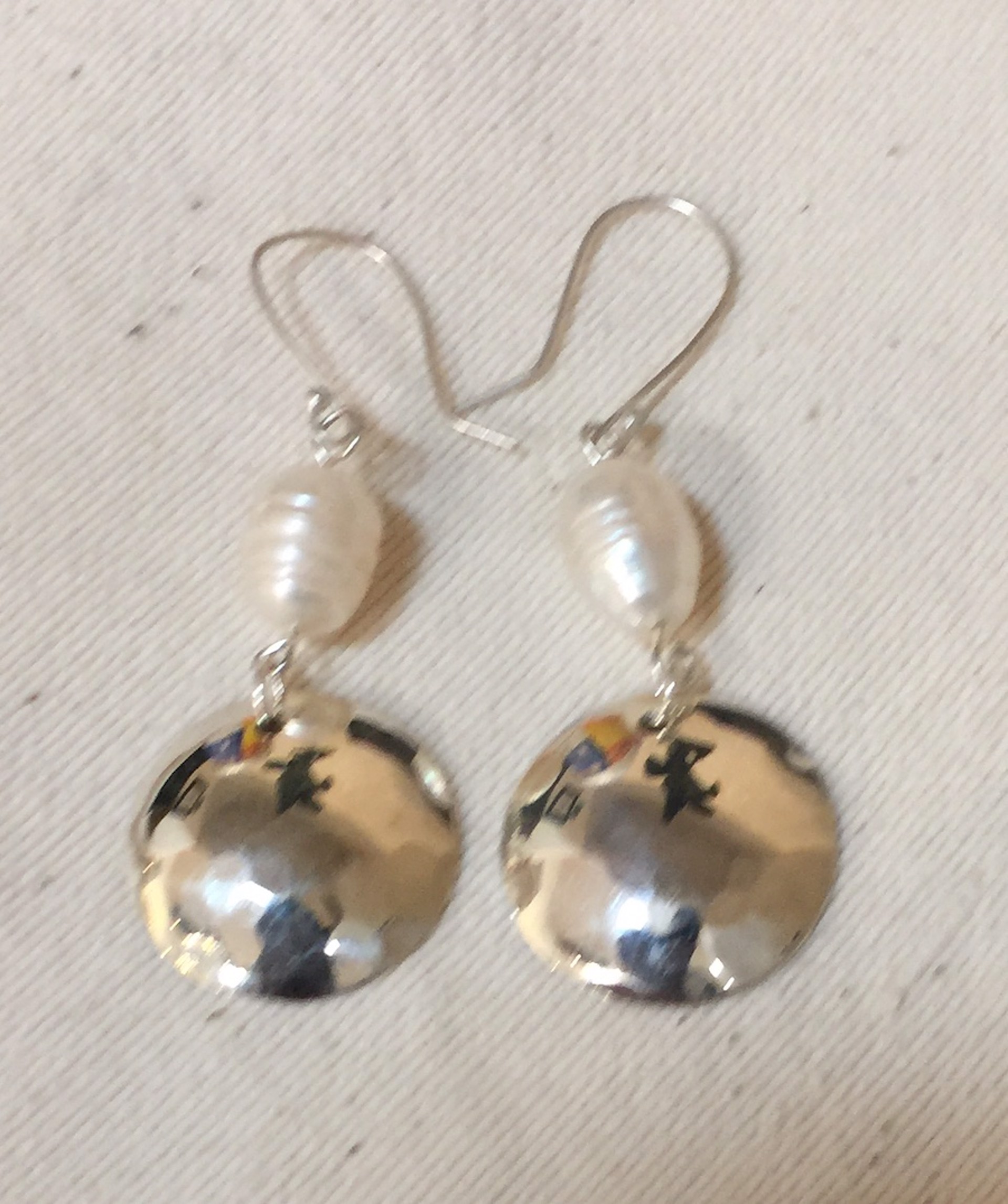 Earrings - Sterling Silver Disc With Pearl  #1014 by Vesta Abel