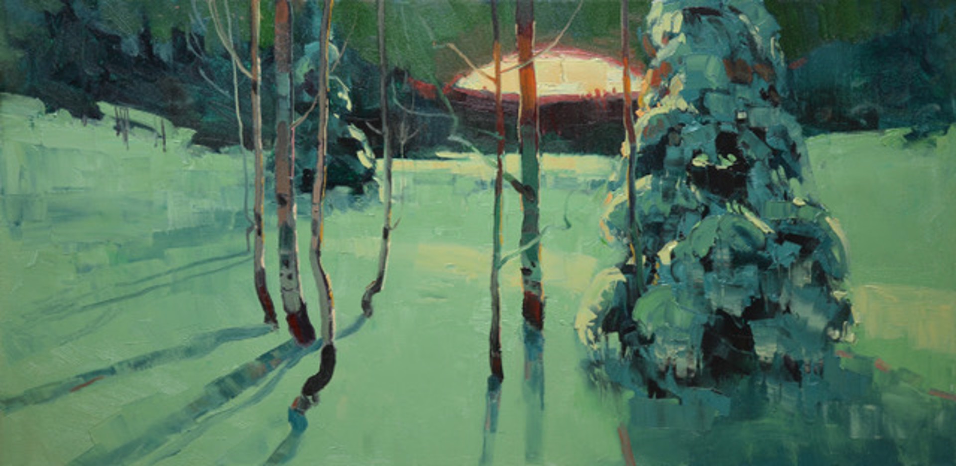 Original Oil Painting Of The Sun Rising Through Trees Over A Blue Tinted Snowy Landscape By Silas Thompson Available At Gallery Wild 