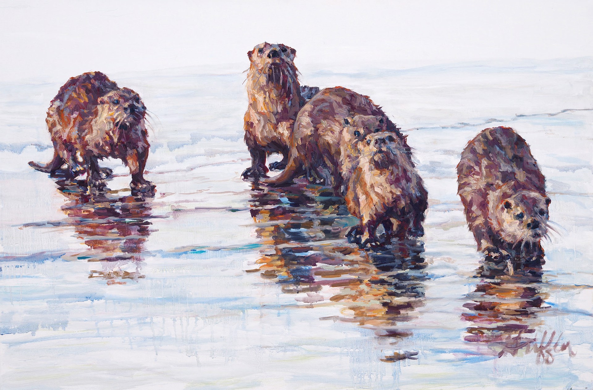 Original Oil Painting By Patricia Griffin Featuring A Group Of Otter In The Snow