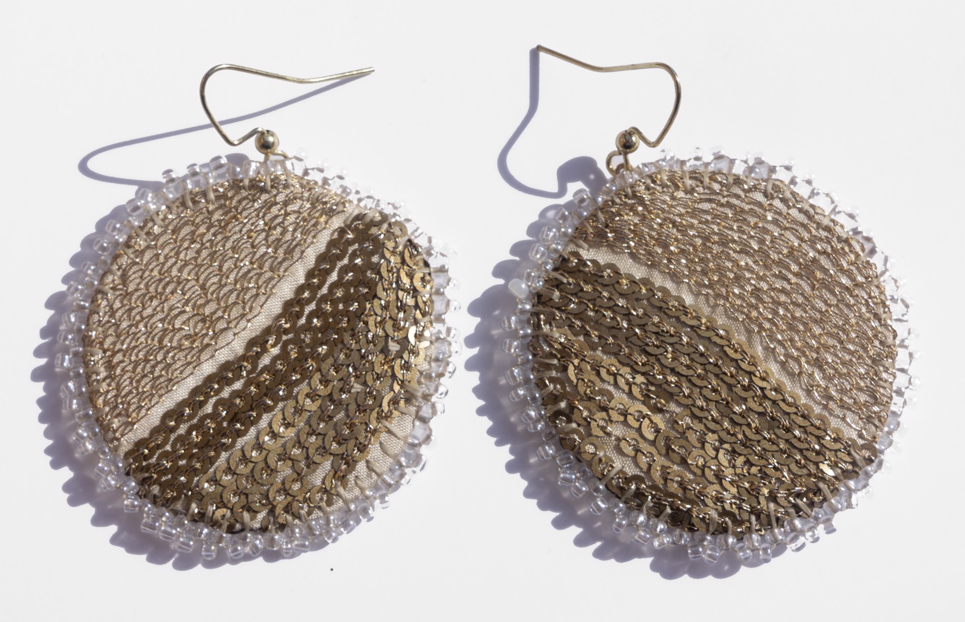 Sequin and embroidery earrings by Hattie Lee Mendoza